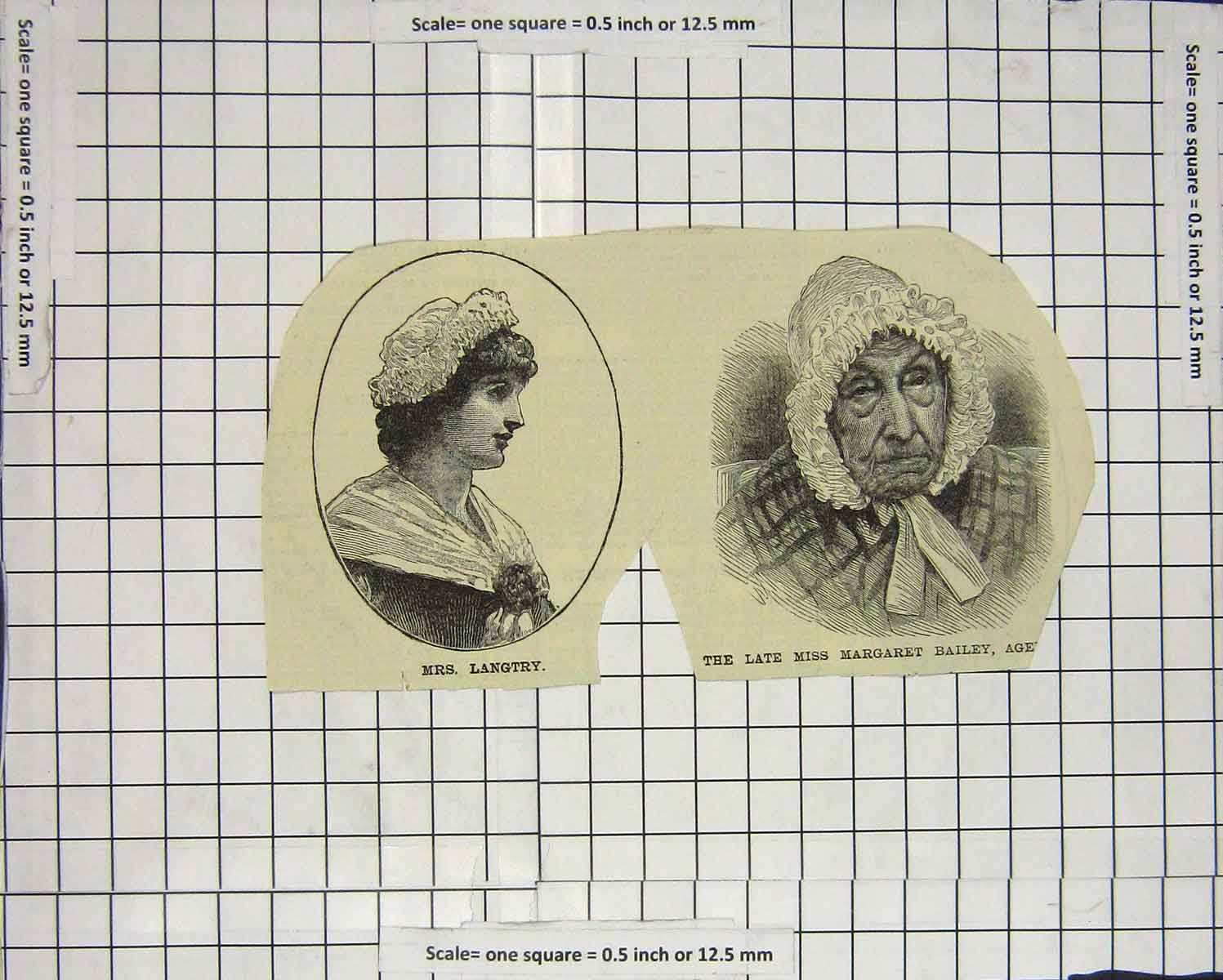 Original Old Antique Print Portrait Mrs Langtry Miss Margaret Bailey
