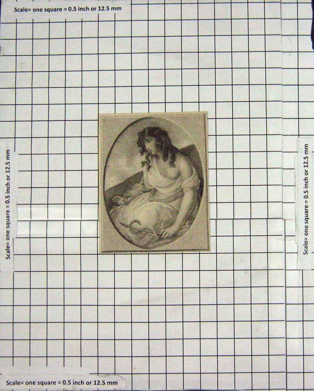 Original Old Antique Print Portrait Beautiful Lady Woman Snake Engraving