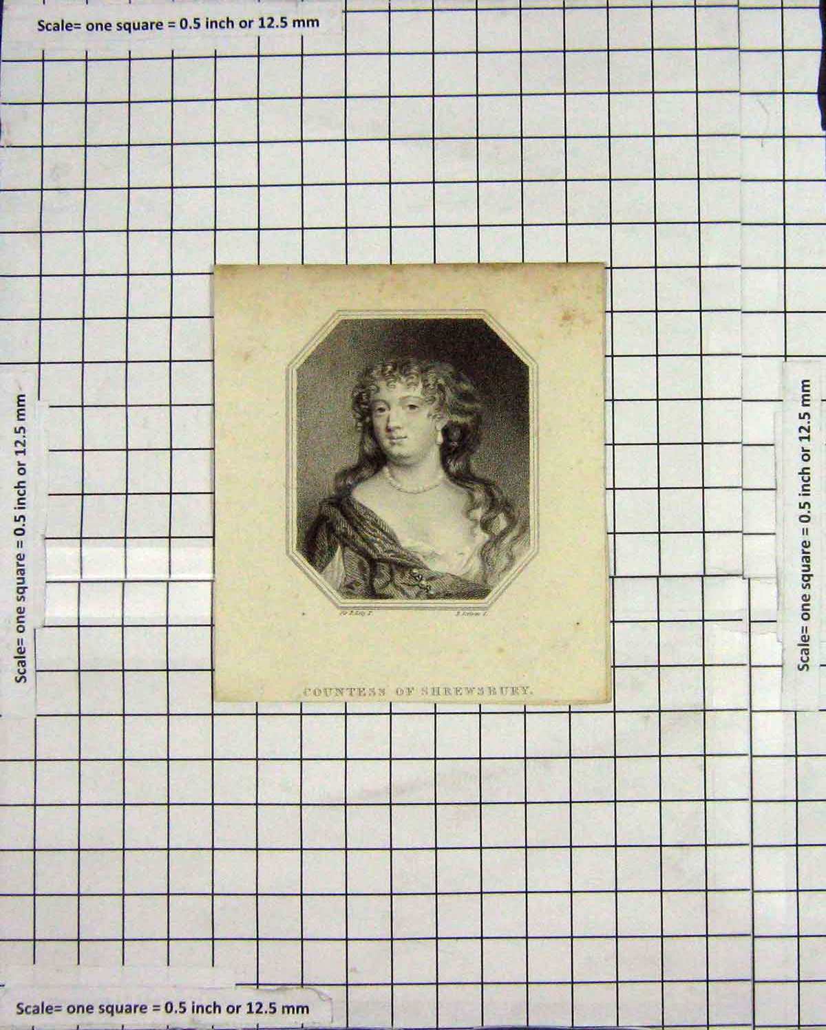 Original Old Antique Print Portrait Lady Countess Shrewsbury Engraving
