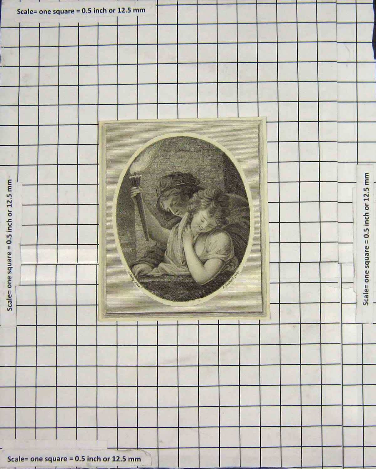 Original Old Antique Print Portrait Young Woman Man Torch Engraving