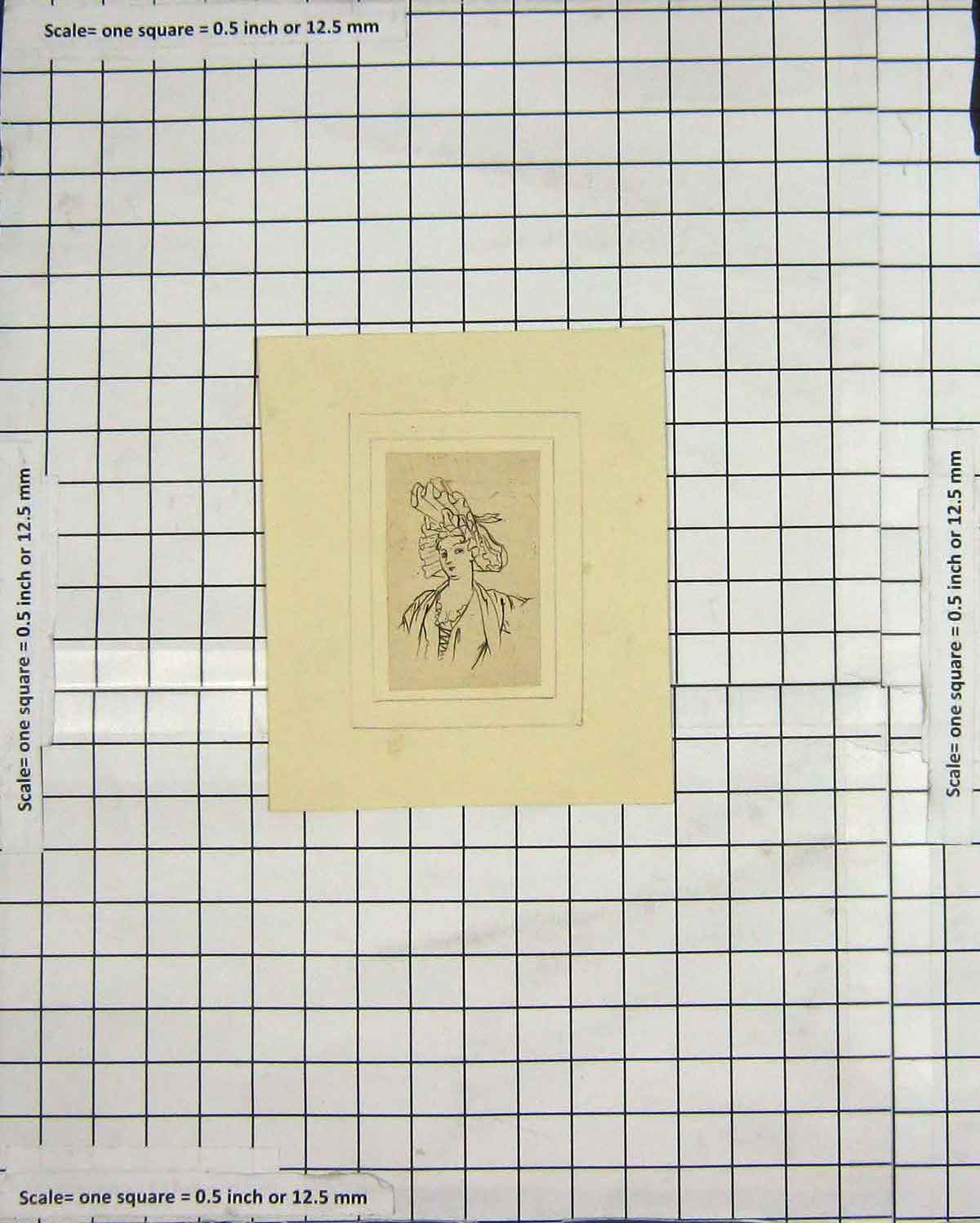 Original Old Antique Print Portrait Drawing Beautiful Lady Woman Hat