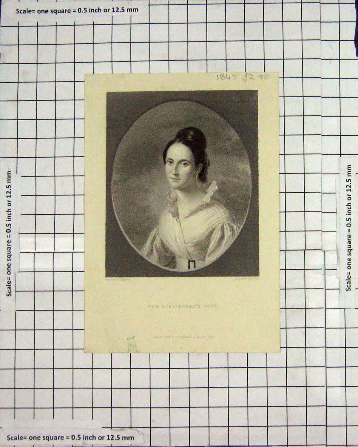 Original Old Antique Print Portrait 1845 Missionary'S Wife Lady Woman Victorian