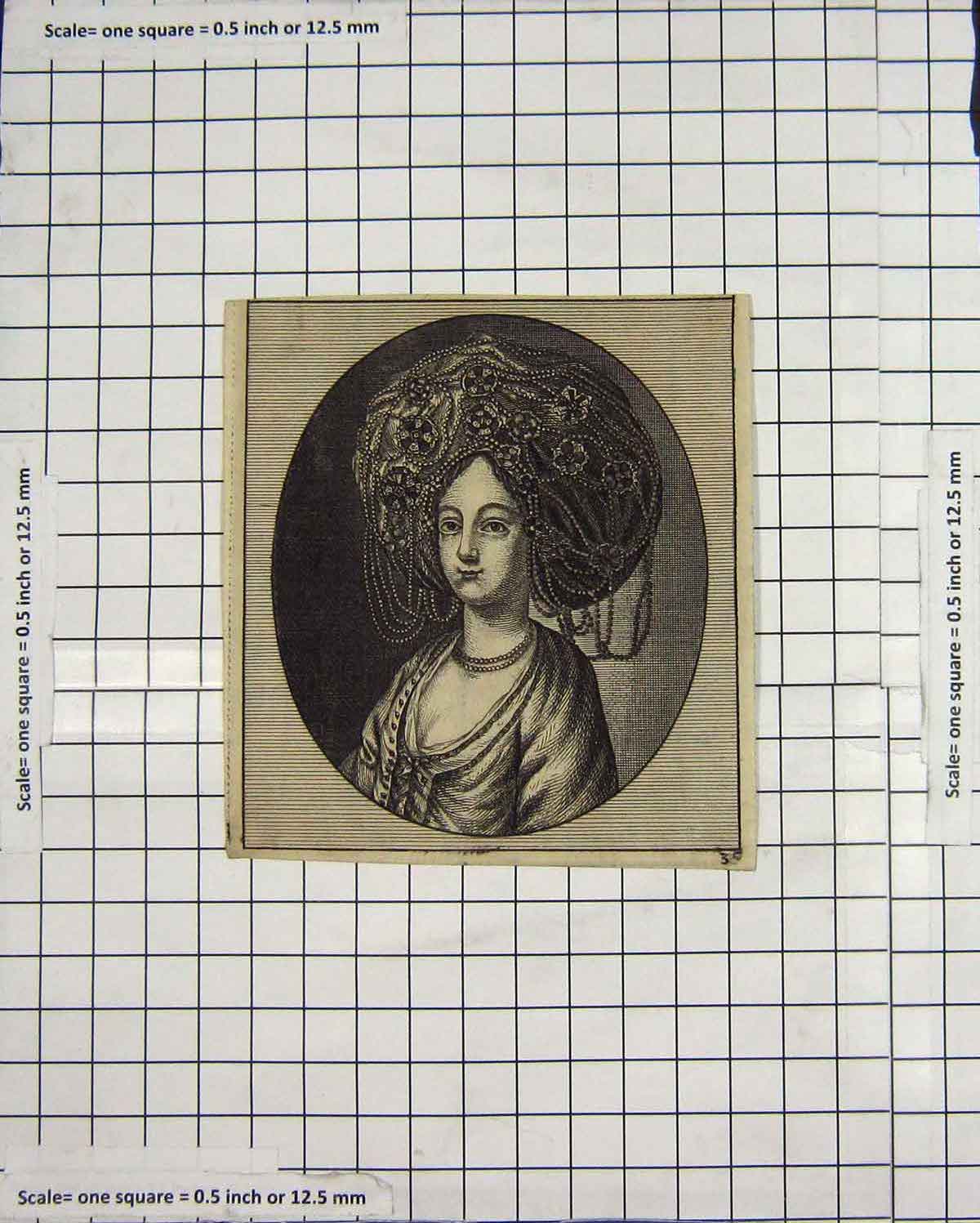 Original Old Antique Print Portrait Beautiful Foreign Lady Head-Dress