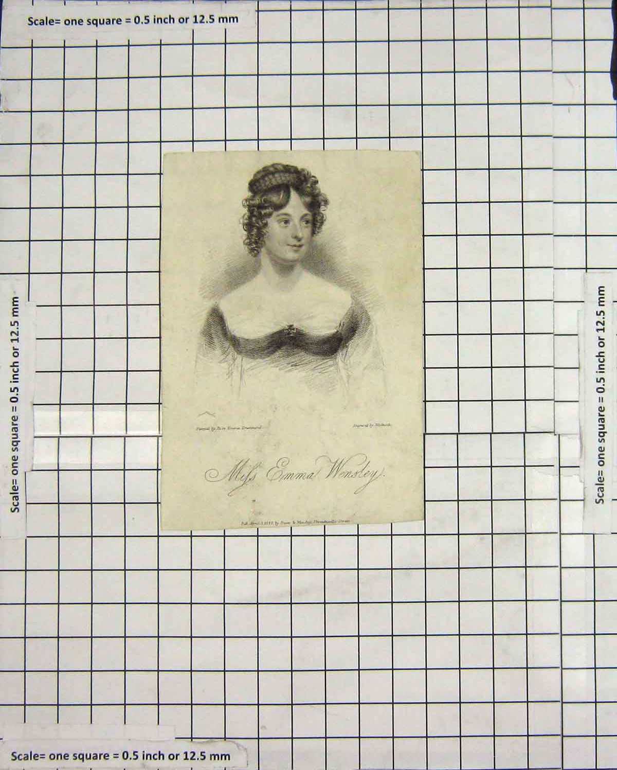 Original Old Antique Print Portrait 1826 Miss Emma Wensley Lady Woman 19th