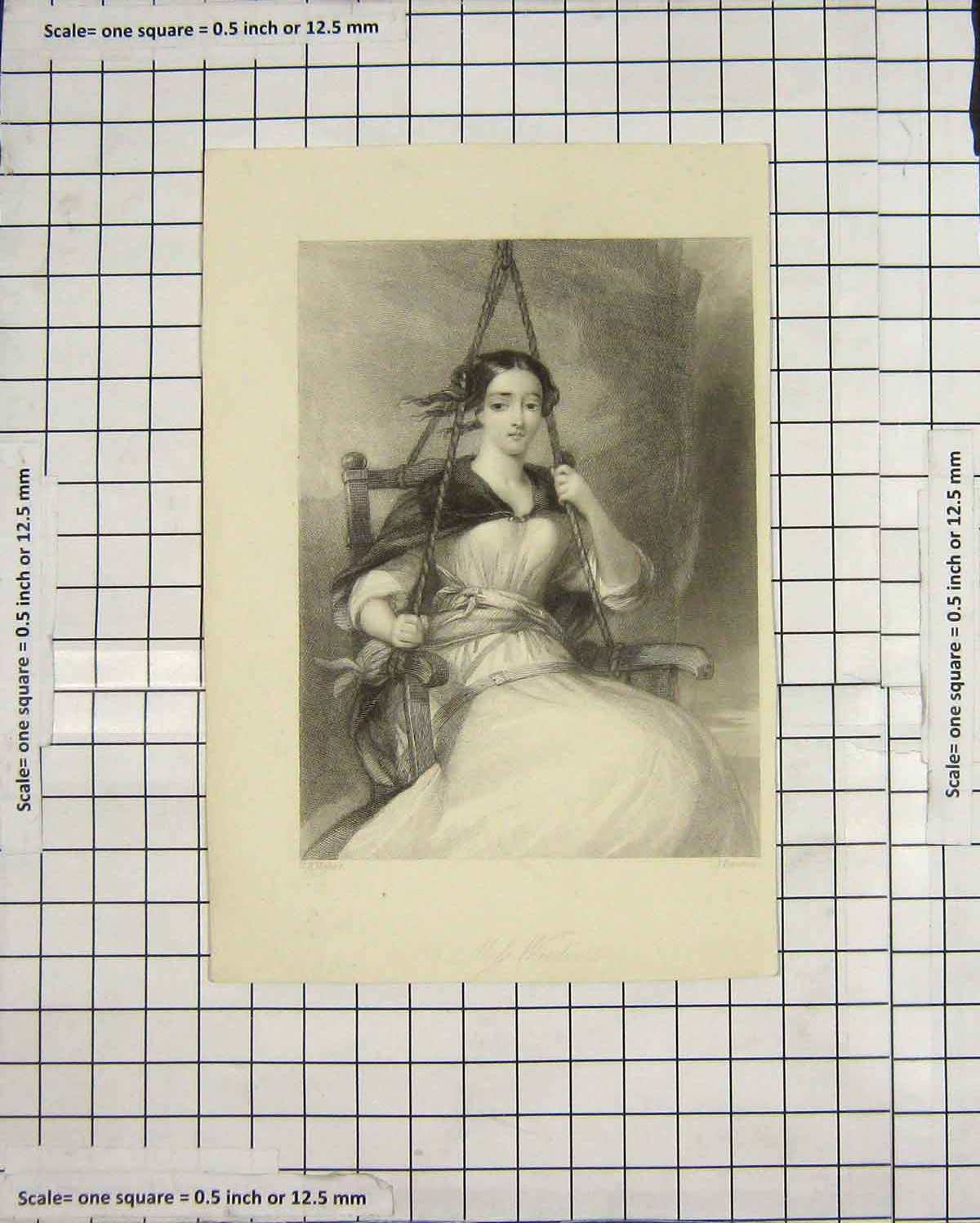 Original Old Antique Print Portrait Miss Wardow Swing Engraving Herbert 19th