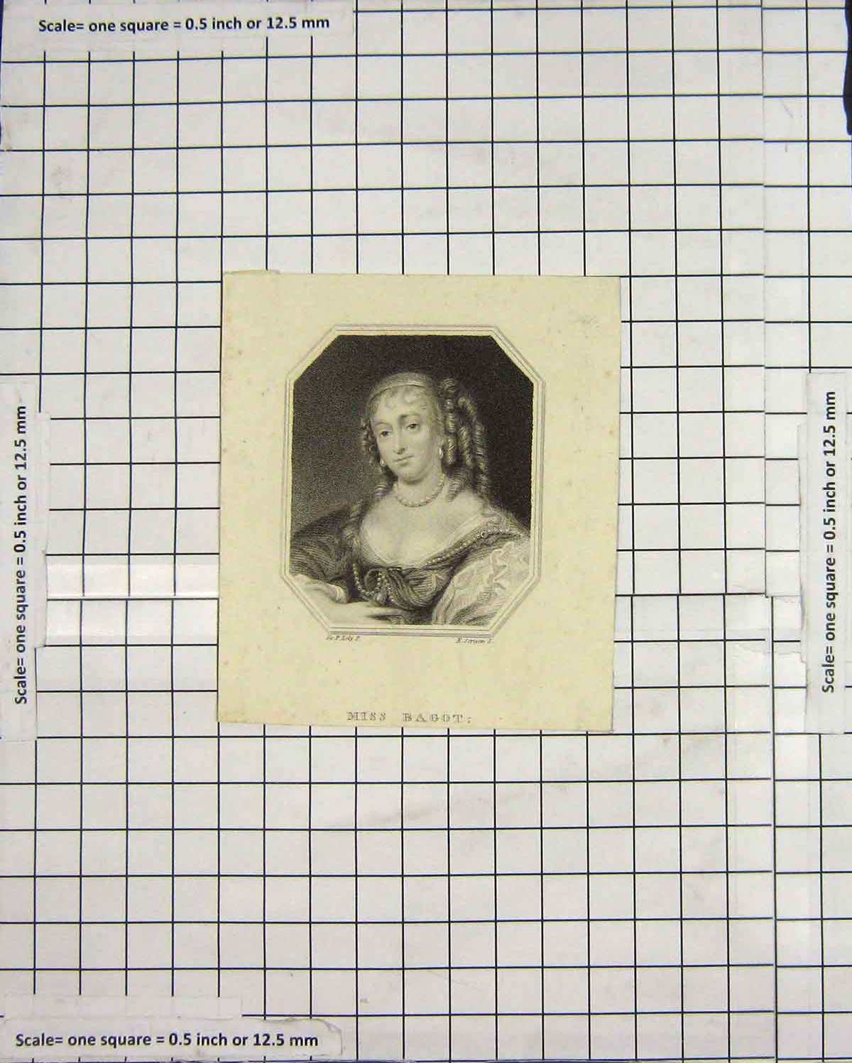Original Old Antique Print Portrait Miss Bagot Scriven Engraving 19th