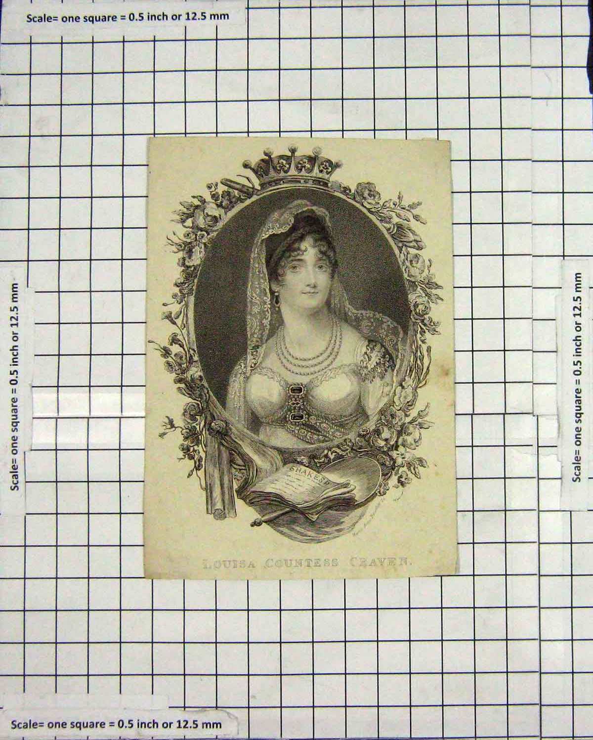 Original Old Antique Print Portrait Louisa Countess Craven Engraving 20th