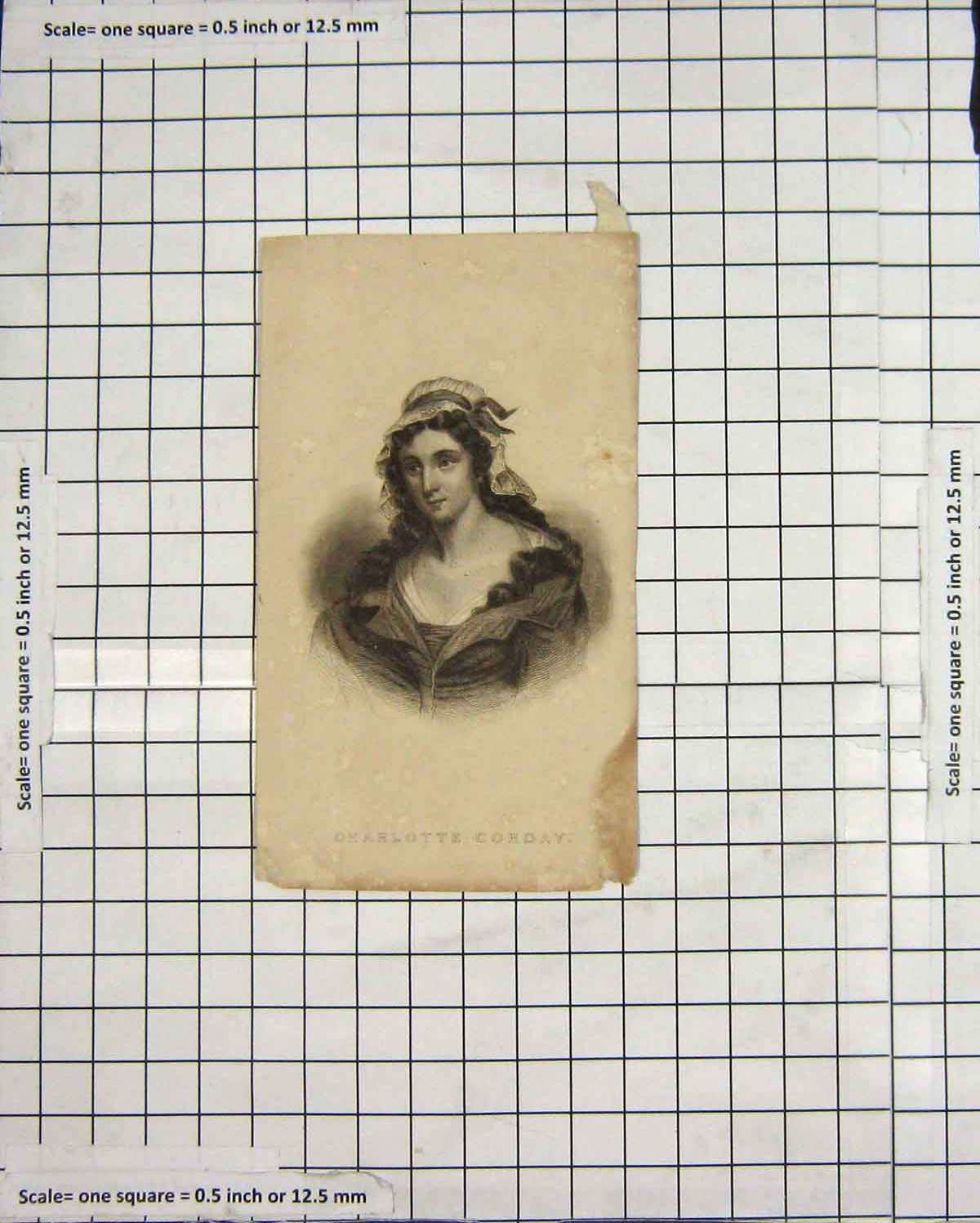 Original Old Antique Print Portrait Charlotte Corday Woman Lady Engraving 20th