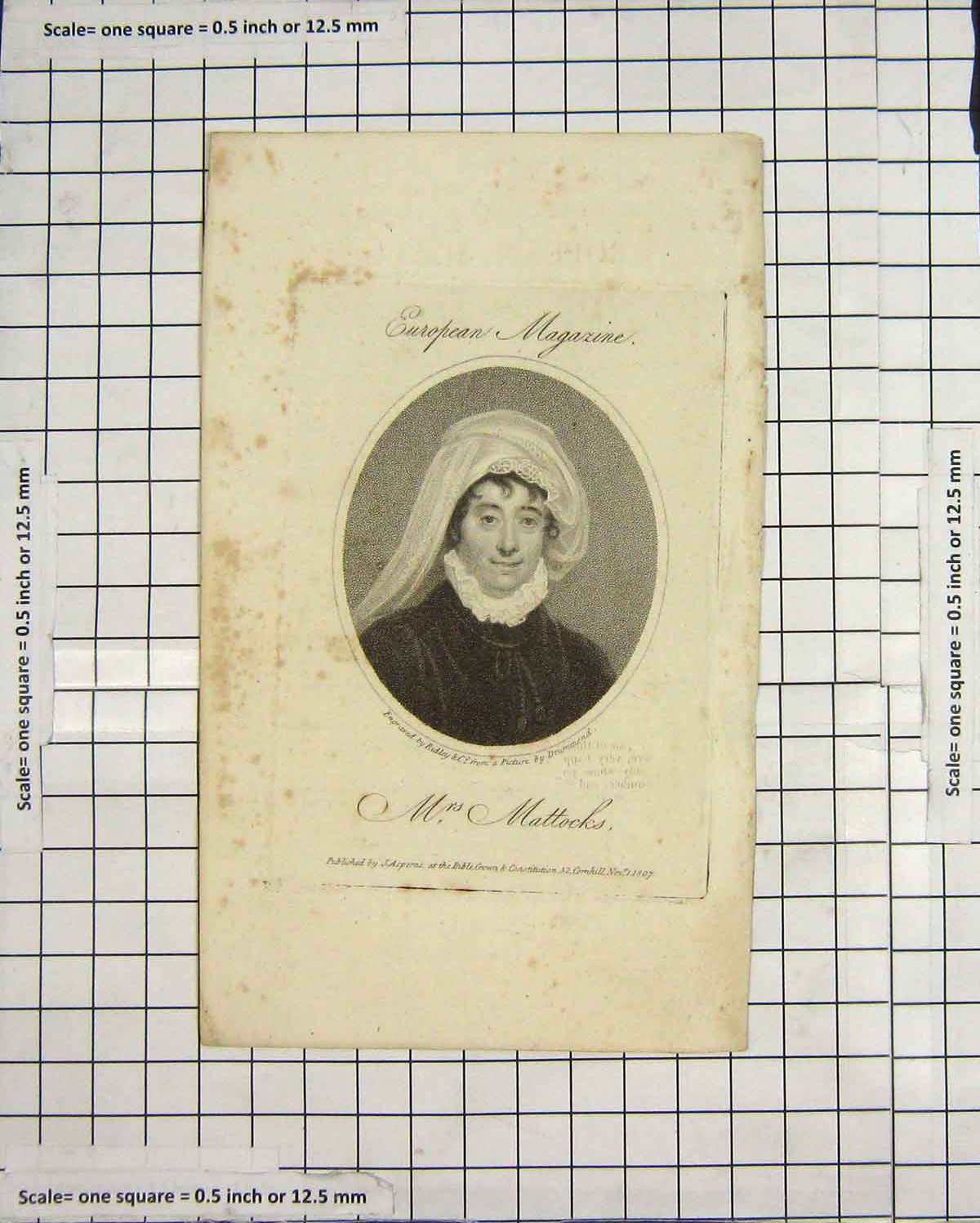 Original Old Antique Print Portrait Mrs Mattocks 1807 Ridley Engraving 19th