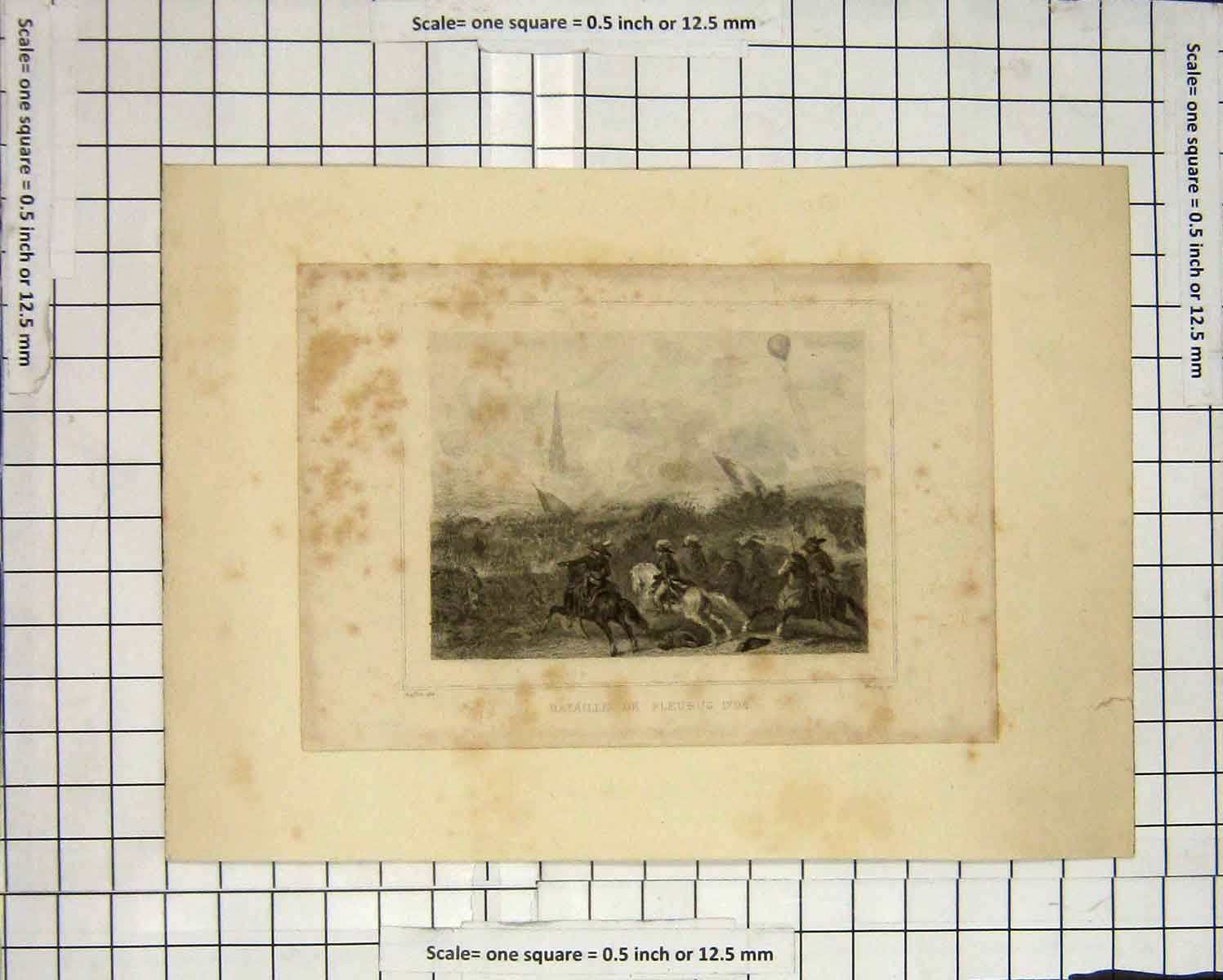 Original Old Antique Print Battaille Fleurus 1794 War Battle Engraving Frilley