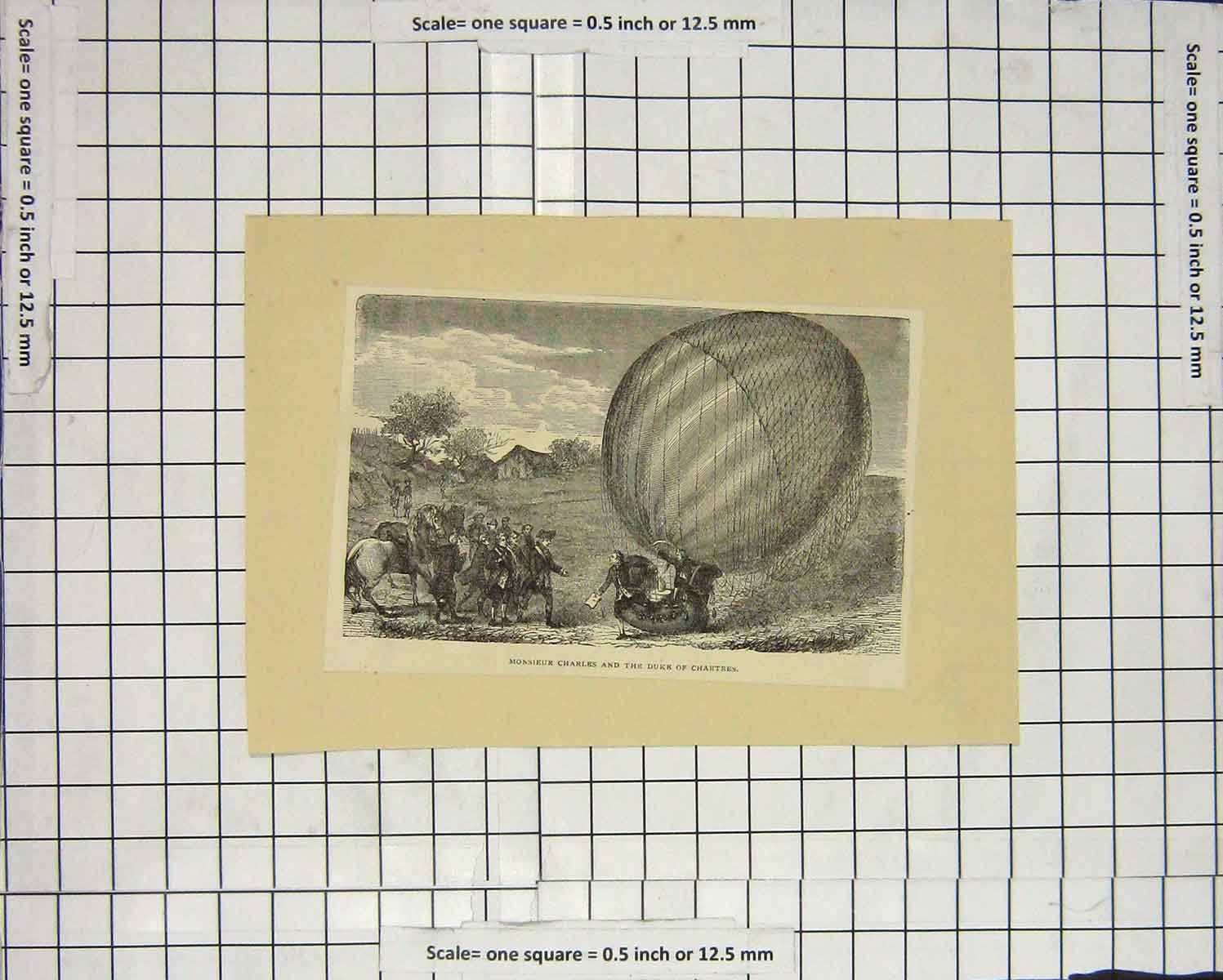 Original Old Antique Print Monsieur Charles Duke Chartren Balloon