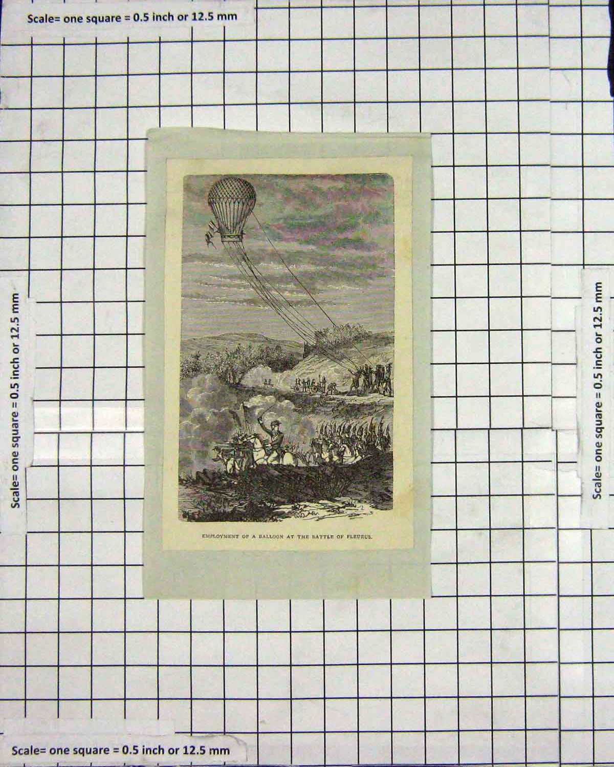 Original Old Antique Print Employment Balloon Battle Fleurus War