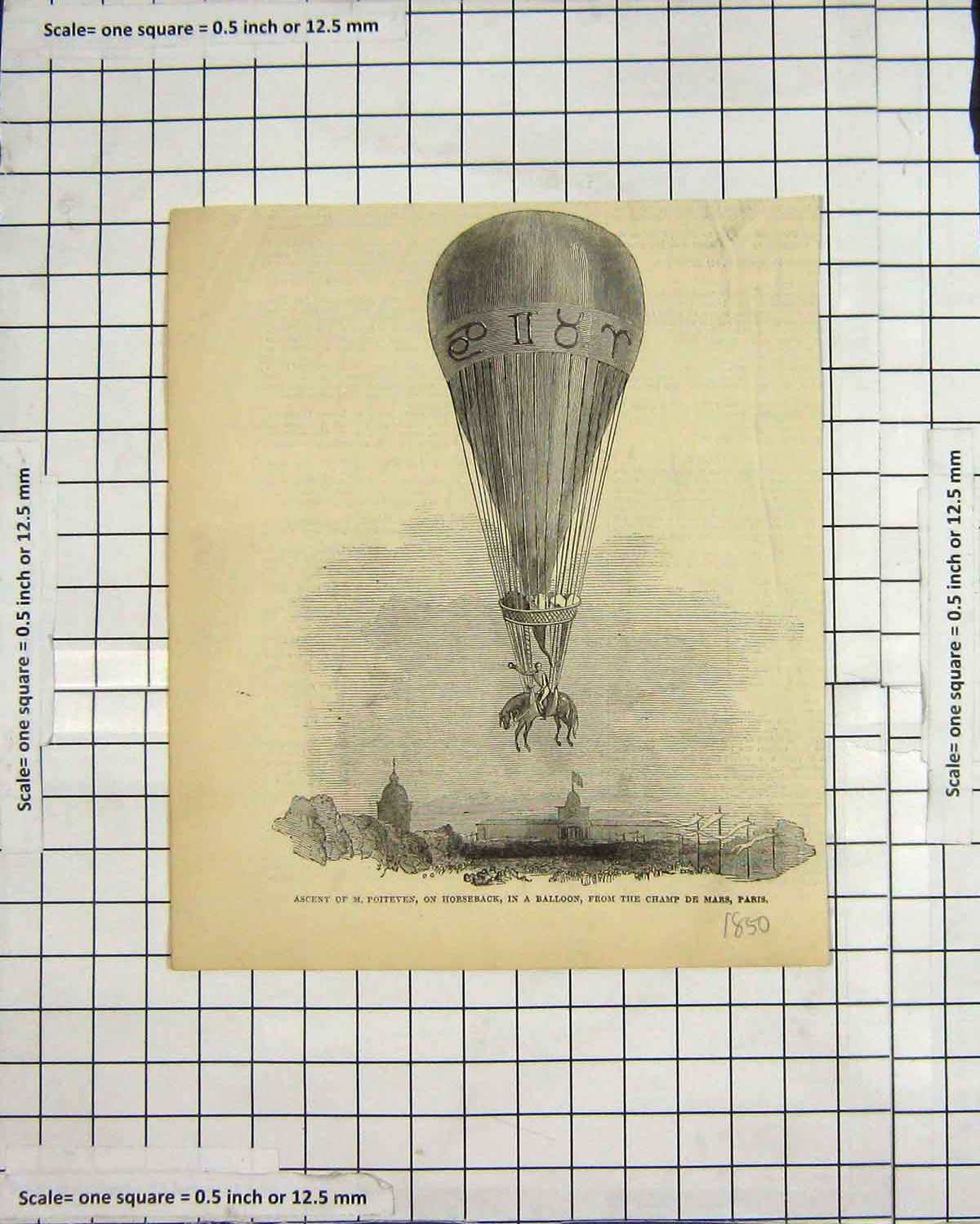 Original Old Antique Print 1850 Poiteven Horse Balloon Champ De Mars Victorian