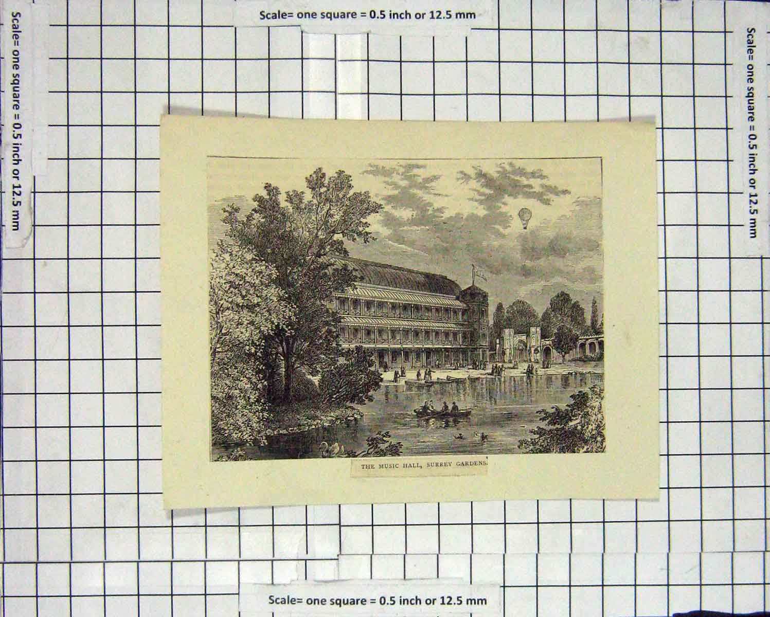 Original Old Antique Print Music Hall Surrey Gardens Lake Boats