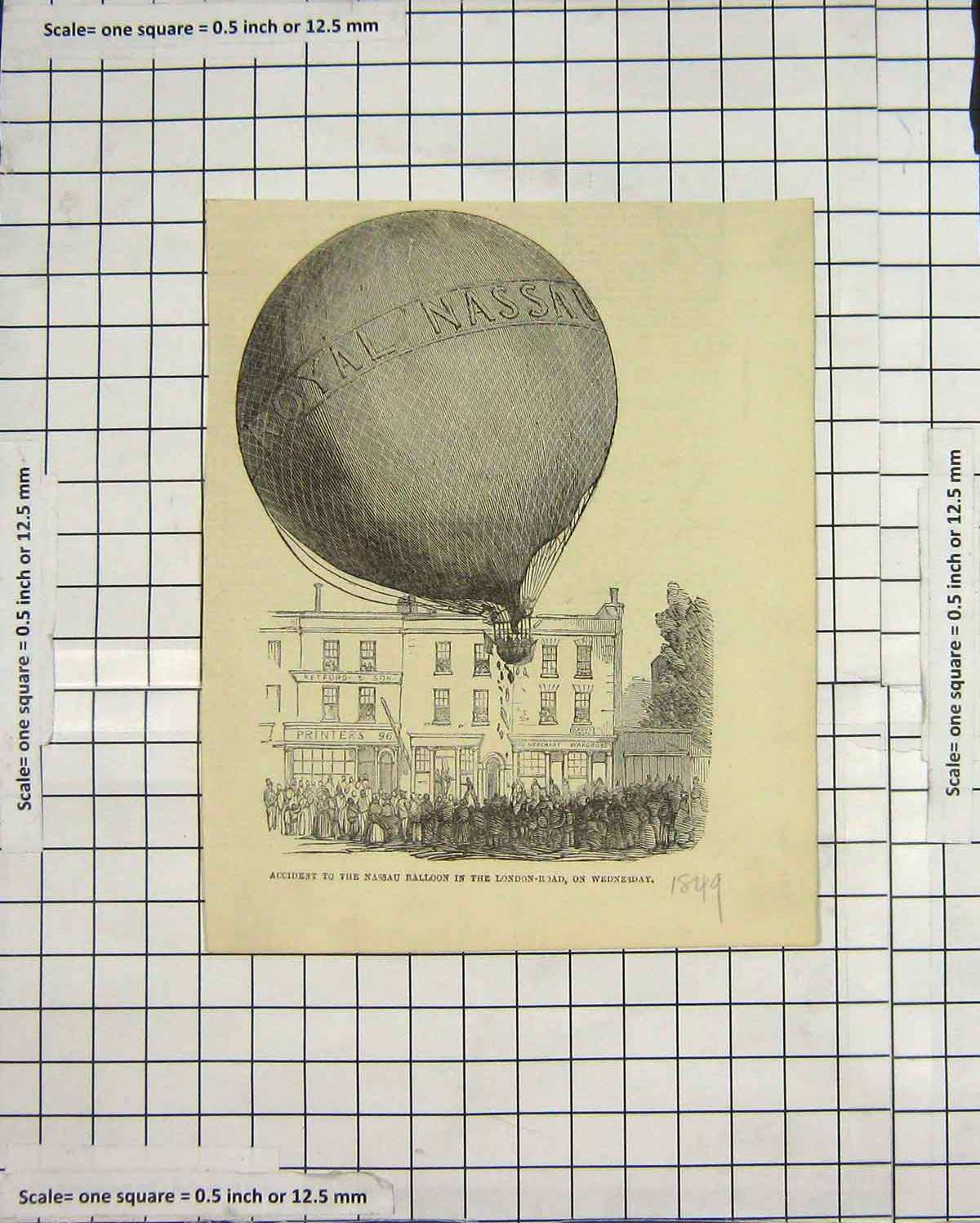 Original Old Antique Print Nassau Hot Air Balloon Accident London