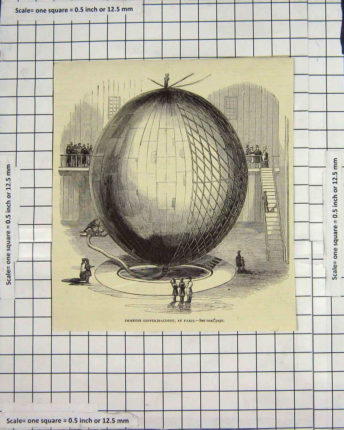 Original Old Antique Print Immense Copper Balloon Paris France