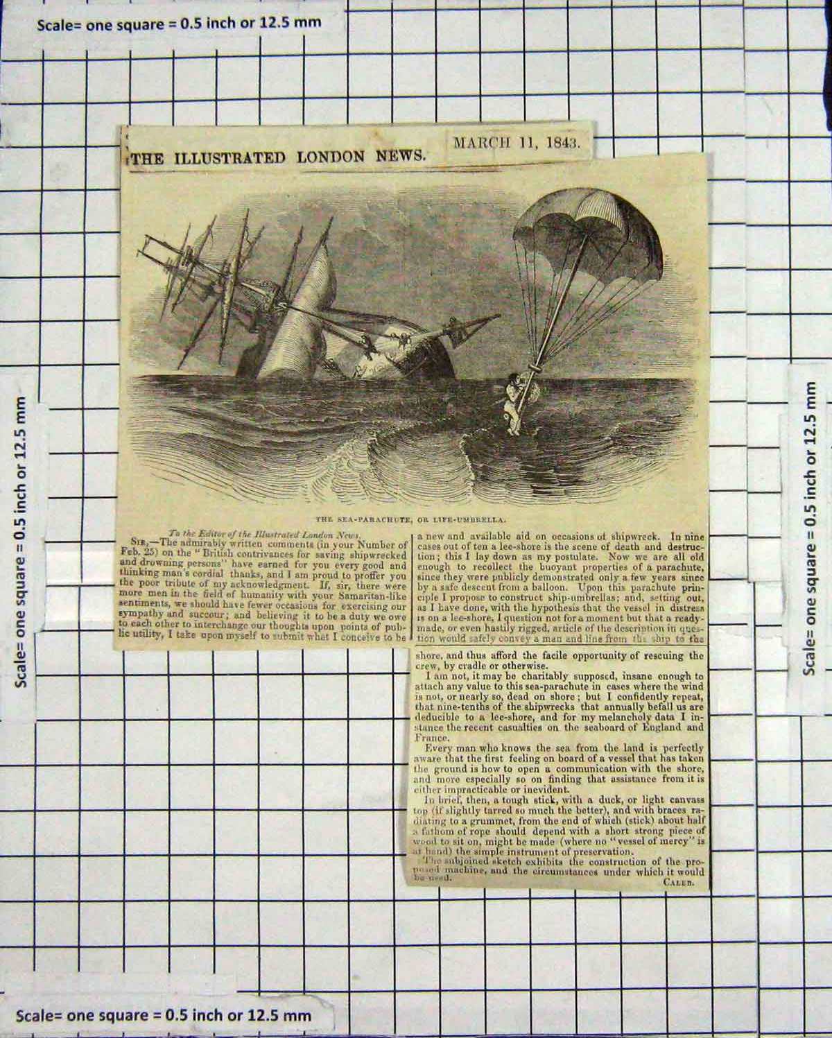 Original Old Antique Print 1843 Sea Parachute Life Umbrella Ship 19th