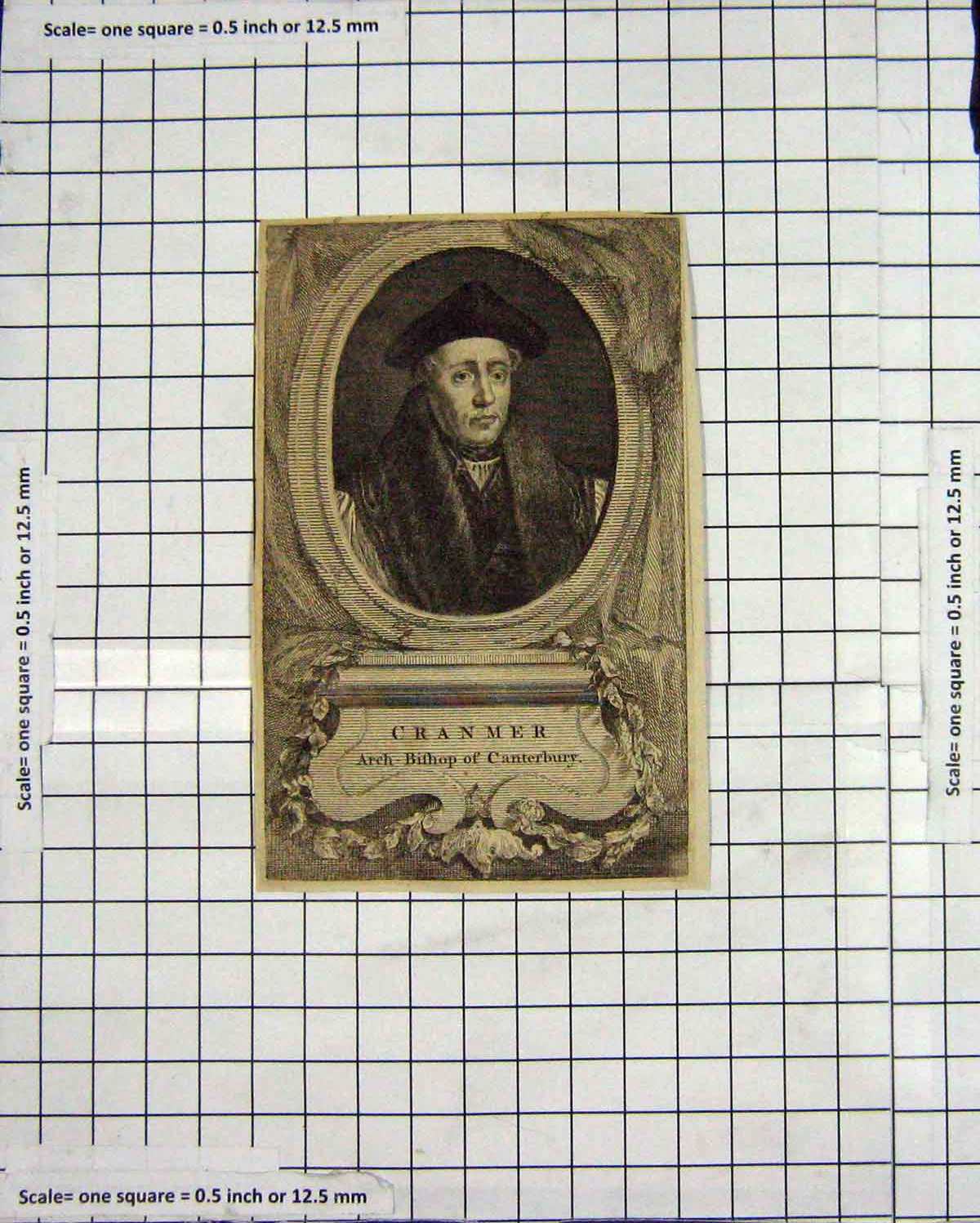 Original Old Antique Print Portrait Cranmer Archbishop Cantebury Engraving