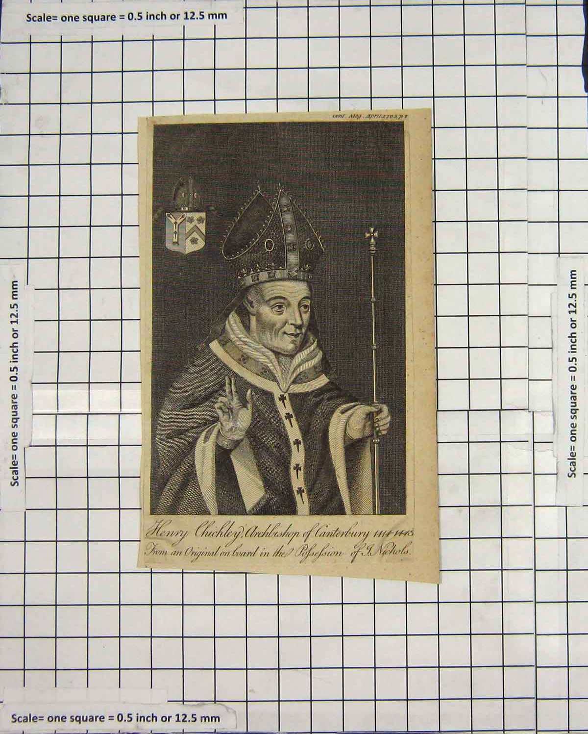 Original Old Antique Print Portrait Henry Chichley Archbishop Canterbury
