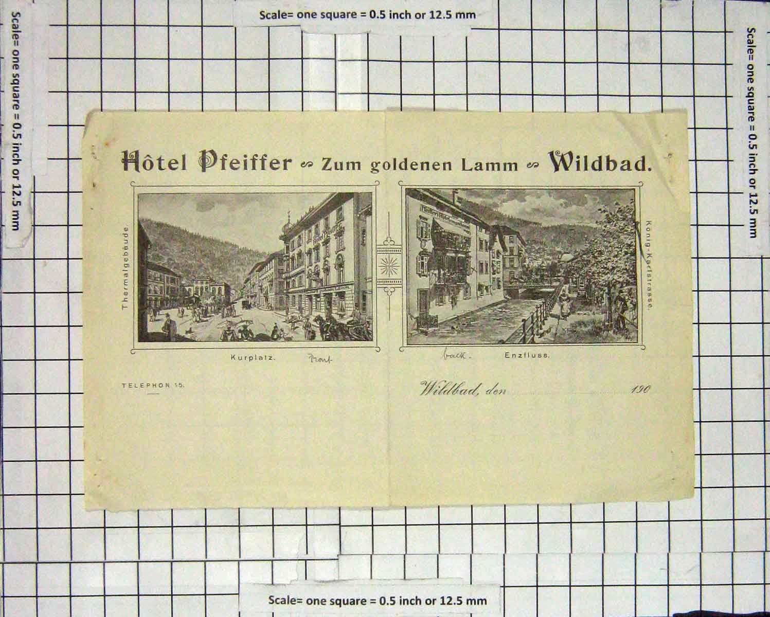 Original Old Antique Print Hotel Pfeiffer Wildbad Kurplatz Enzsluss