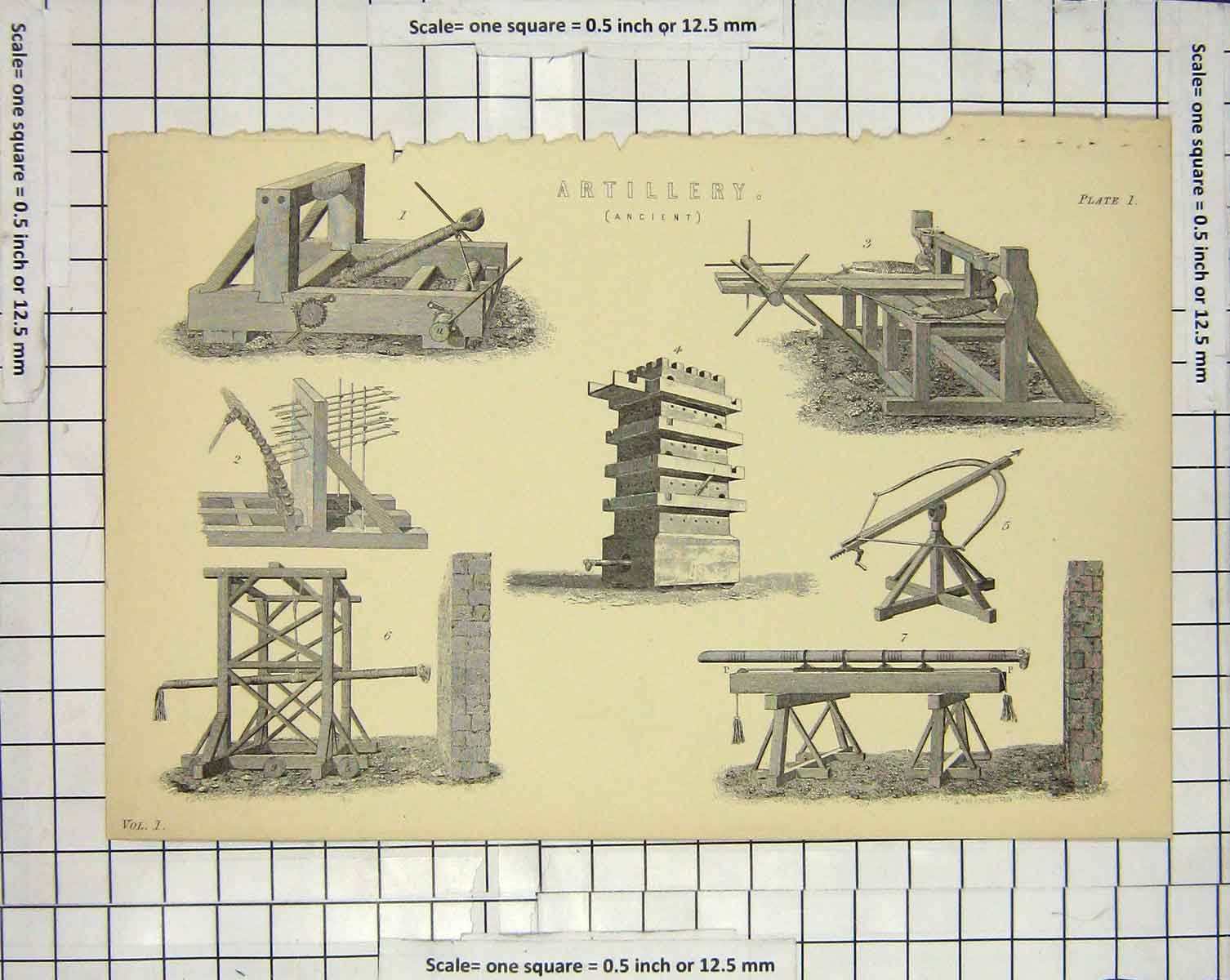 Original Old Antique Print Ancient Artillery War Weapons Catapult