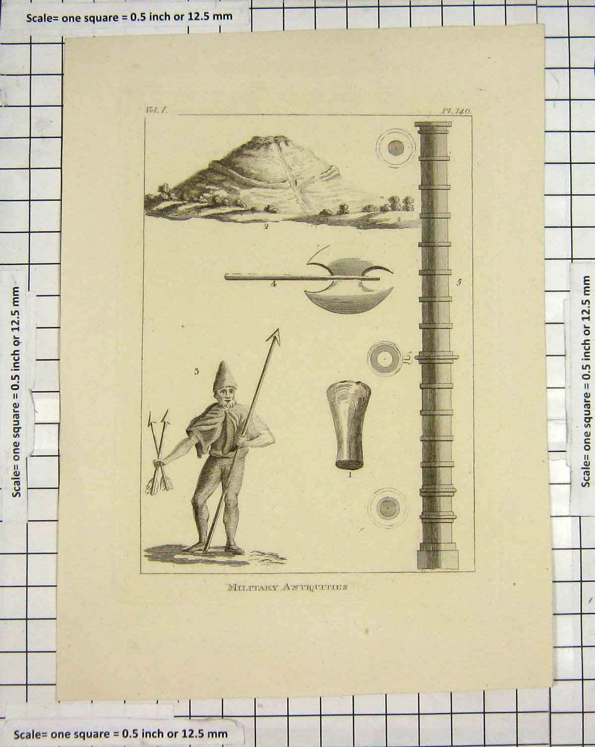 Original Old Antique Print Engraving Military Antiquities War Weapons