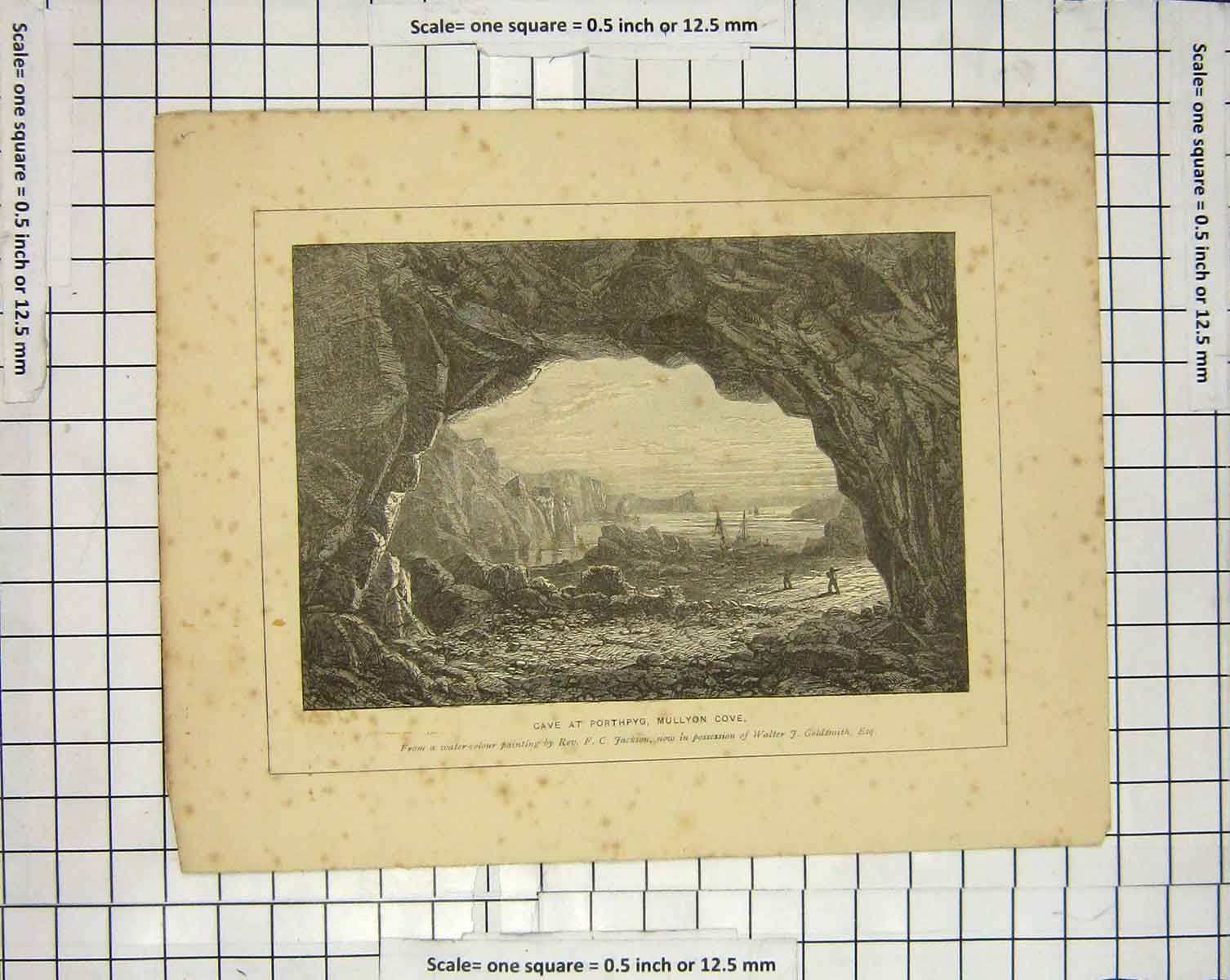 Original Old Antique Print Engraving Cave Porthpyg Mullyon Cove Jackson