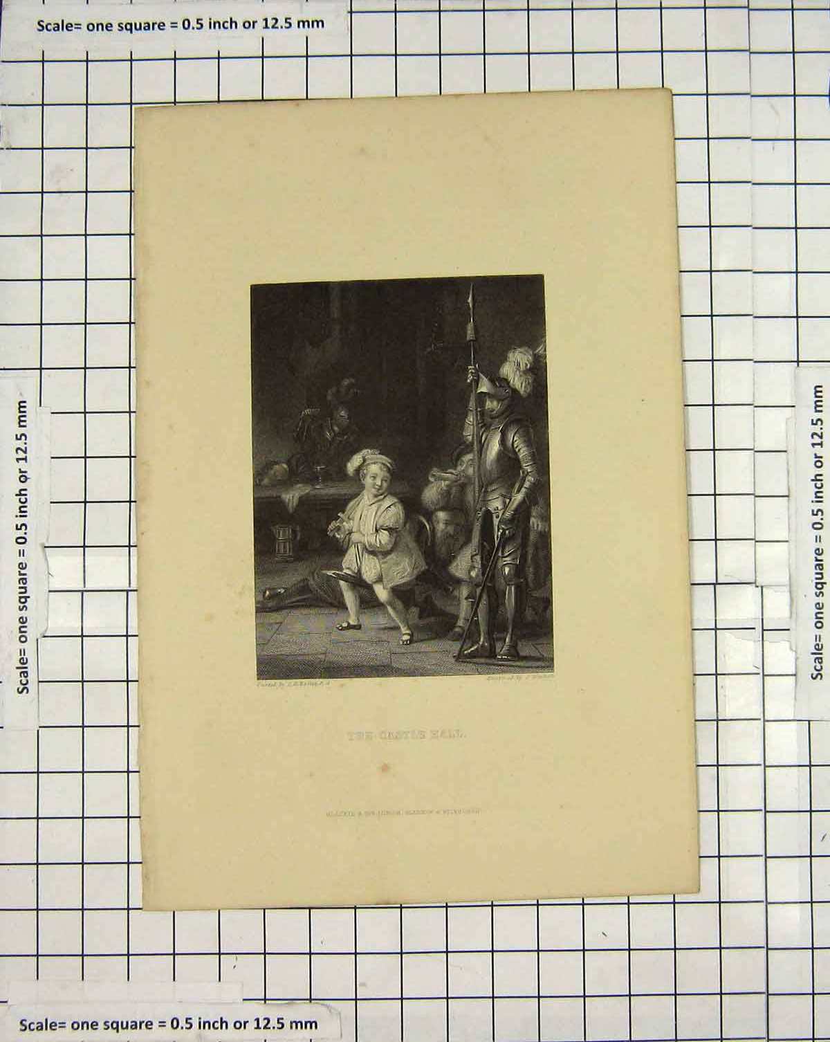 Original Old Antique Print Engraving Castle Hall Knight Armour Mitchell