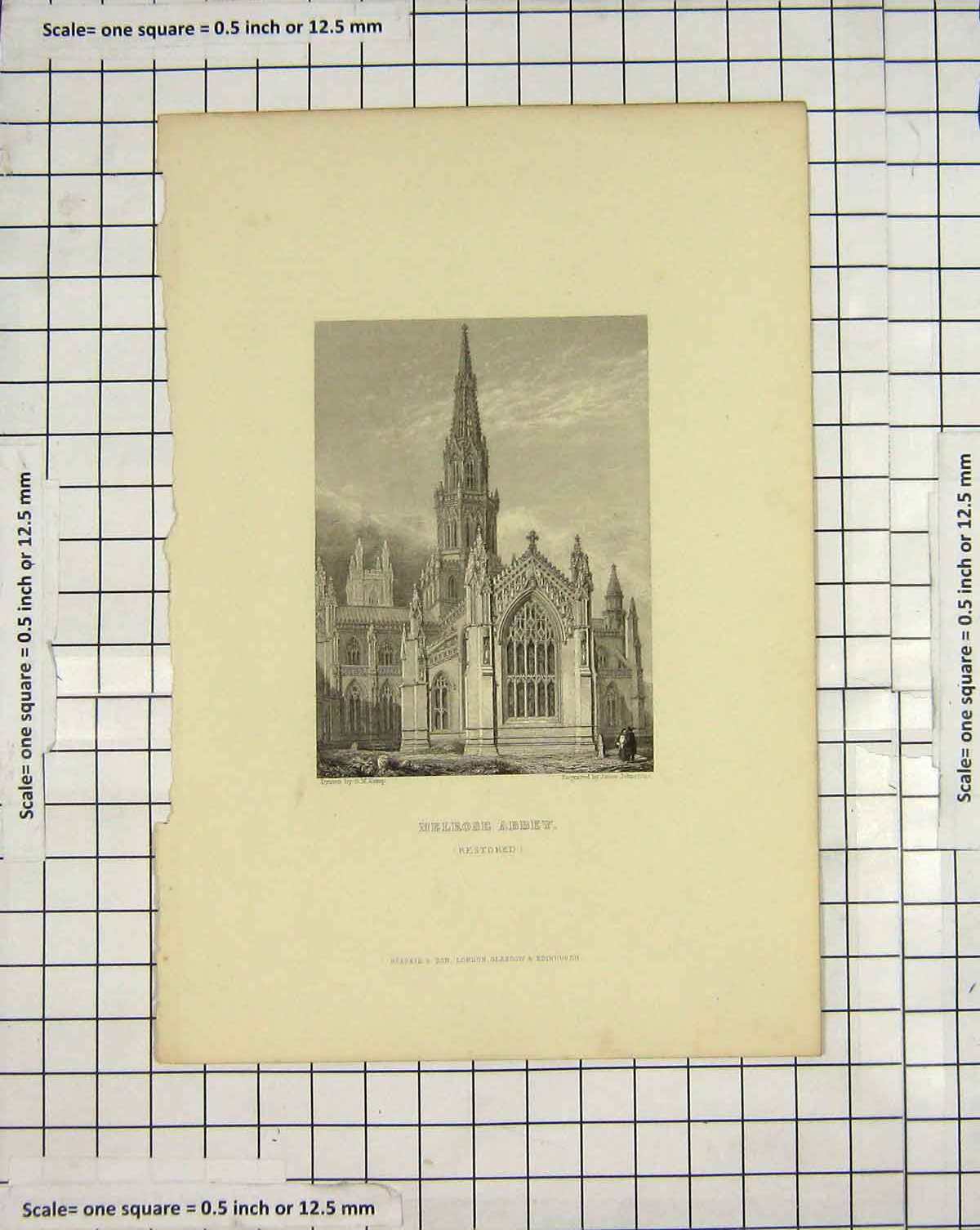 Original Old Antique Print Engraving Melrose Abbey Architecture Johnstone