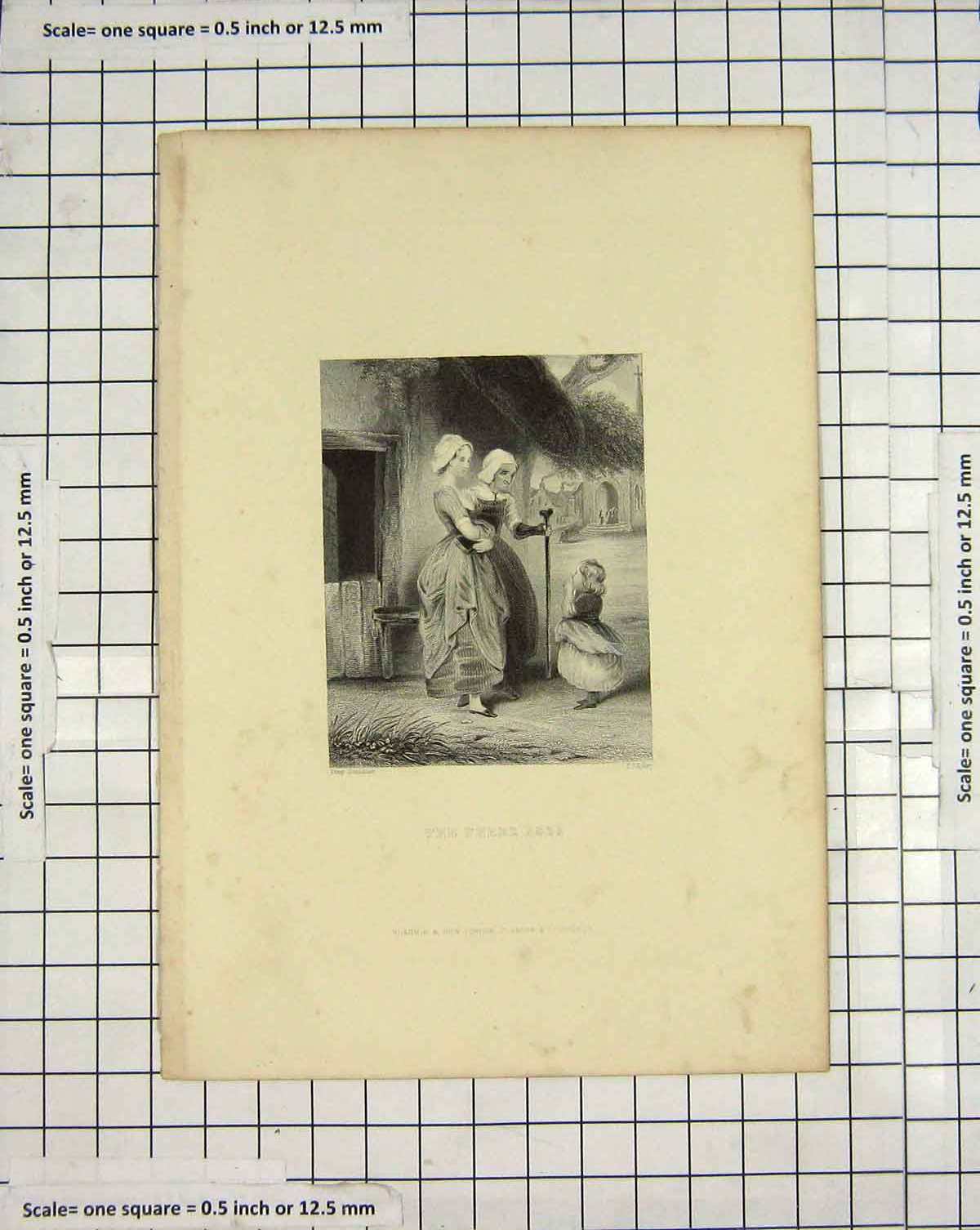 Original Old Antique Print Engraving Three Ages Mother Lady Child