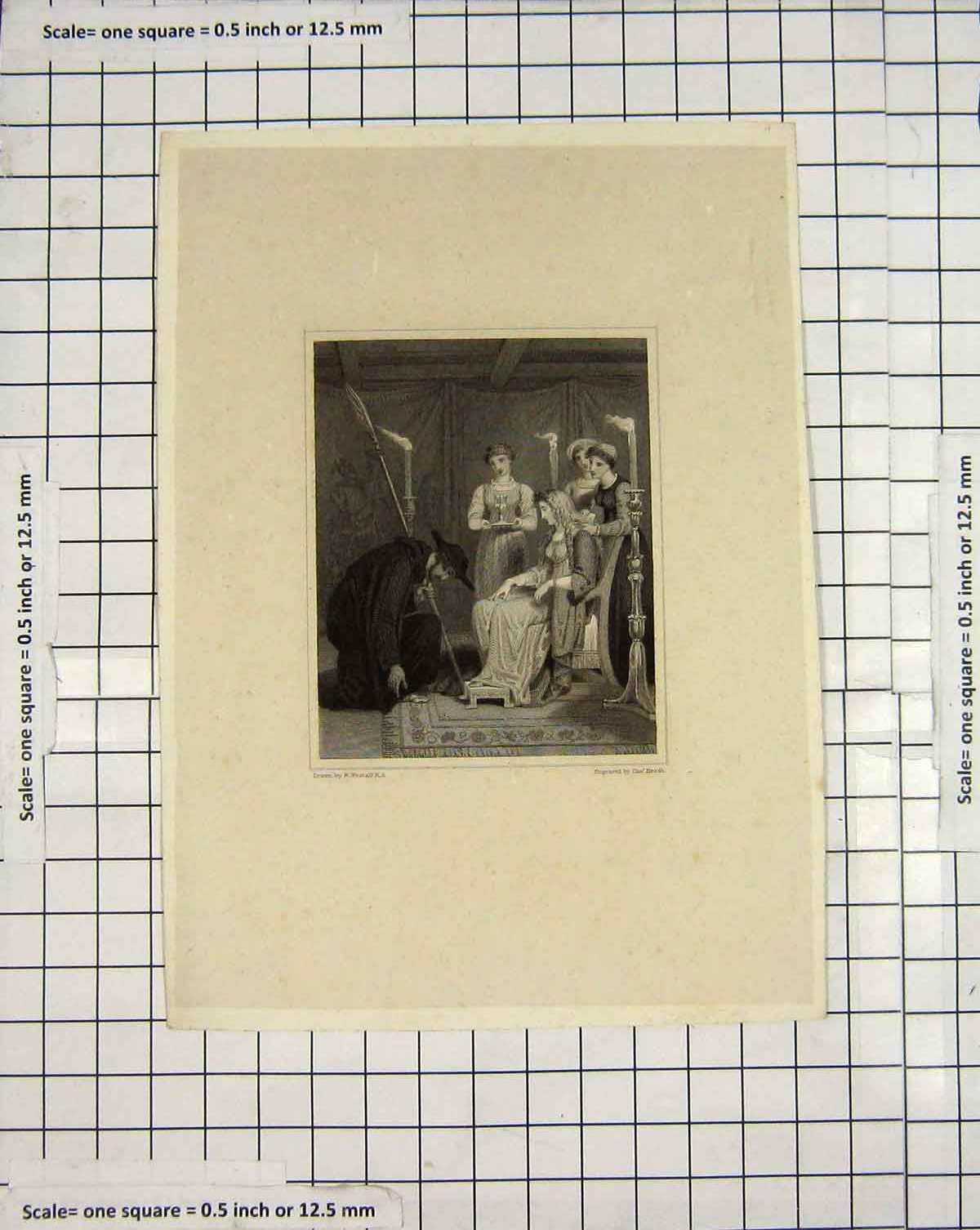 Original Old Antique Print Engraving Lady Throne Man Kneeling Heath