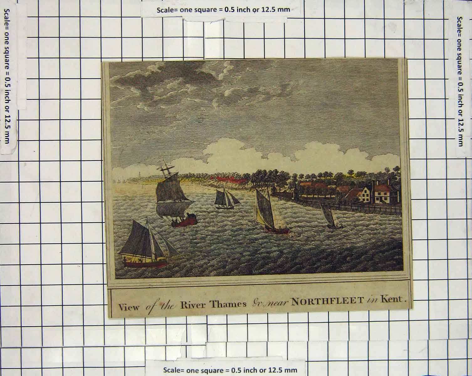 Original Old Antique Print Engraving River Thames Northfleet Kent Yachts