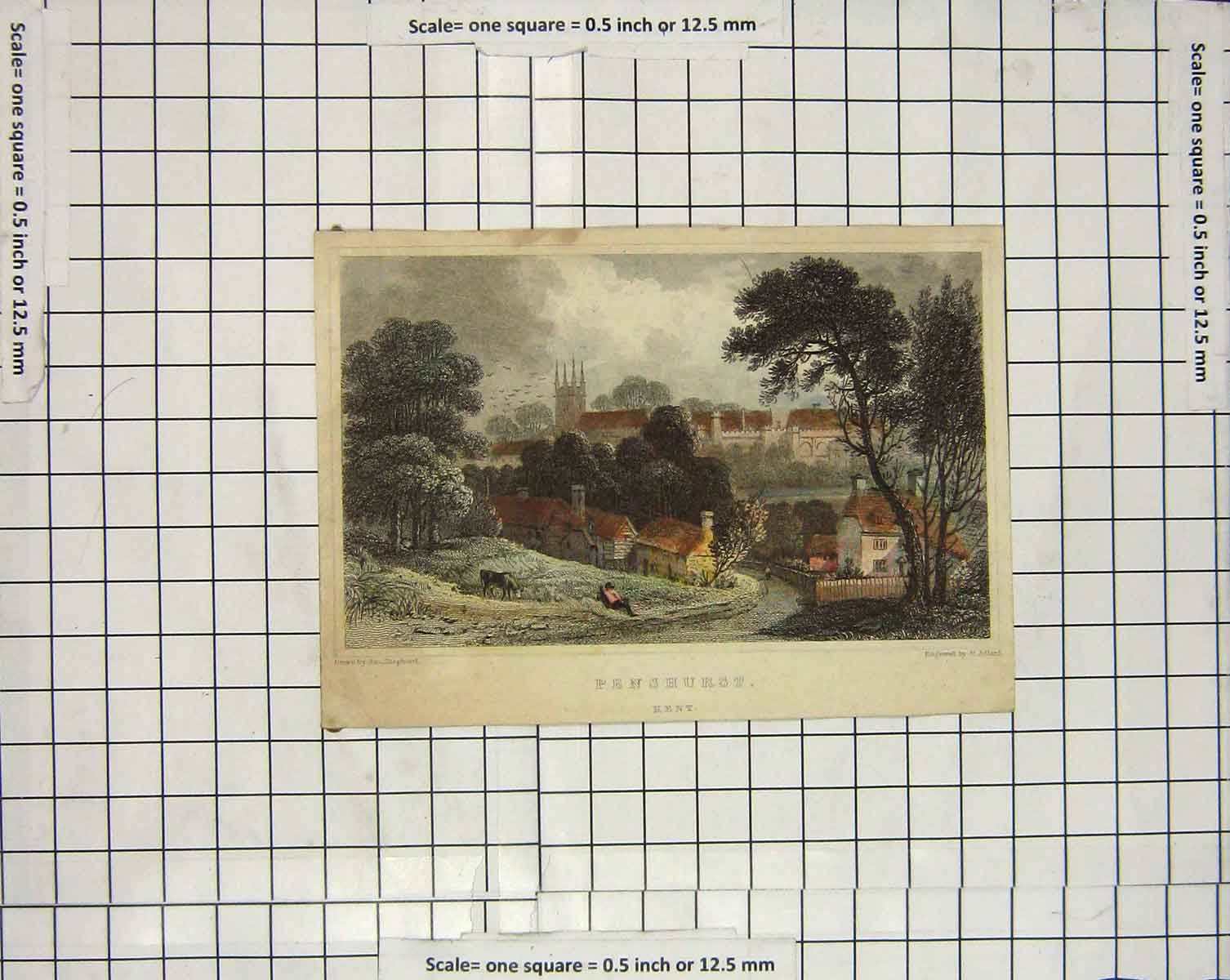 Original Old Antique Print Engraving View Penshurst Kent Aldard Shepherd