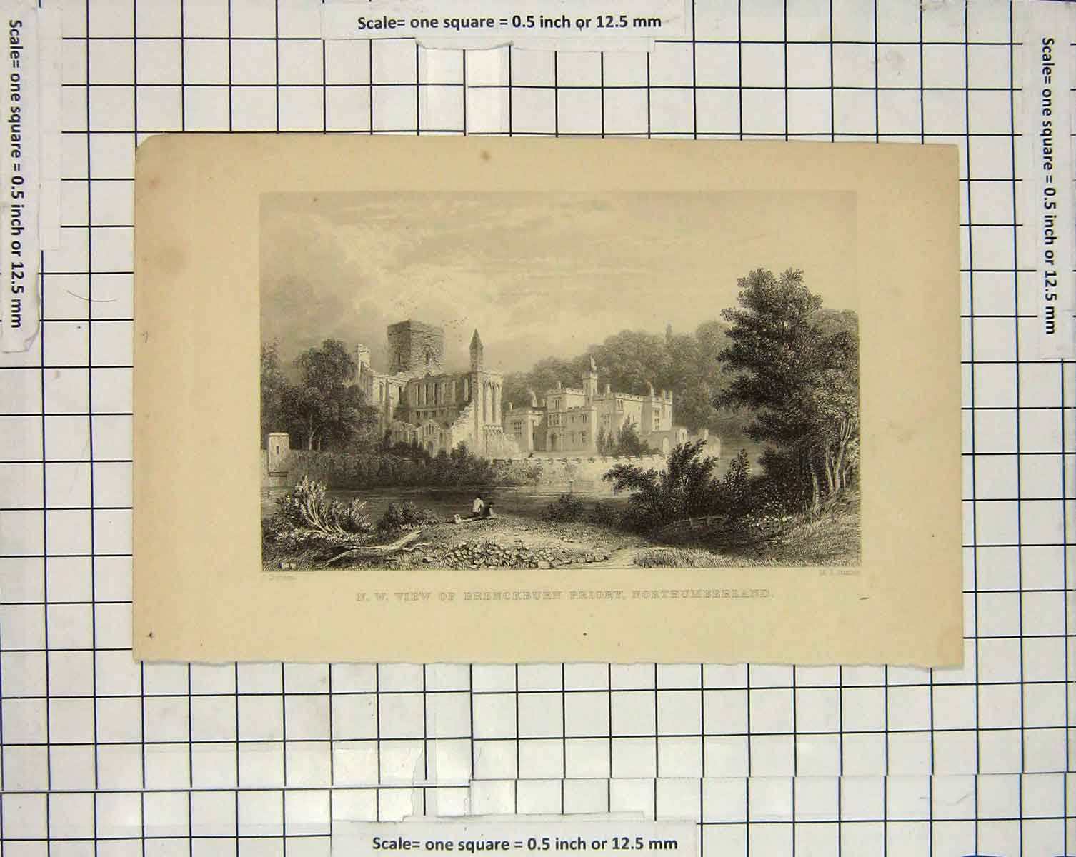 Original Old Antique Print Engraving Brenckburn Priory Northumberland Dobson