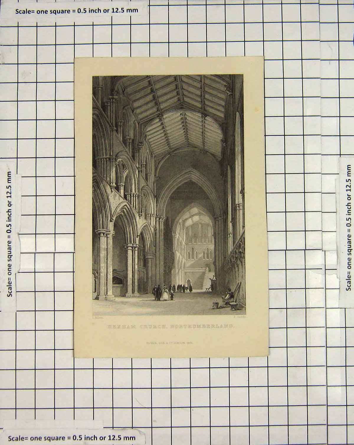 Original Old Antique Print Engraving Hexham Church Northumberland Sands