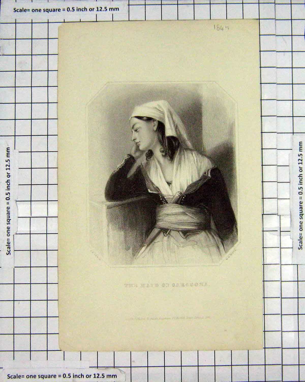 Original Old Antique Print Engraving Portrait Maid Saragoza 1845 Mote Victorian
