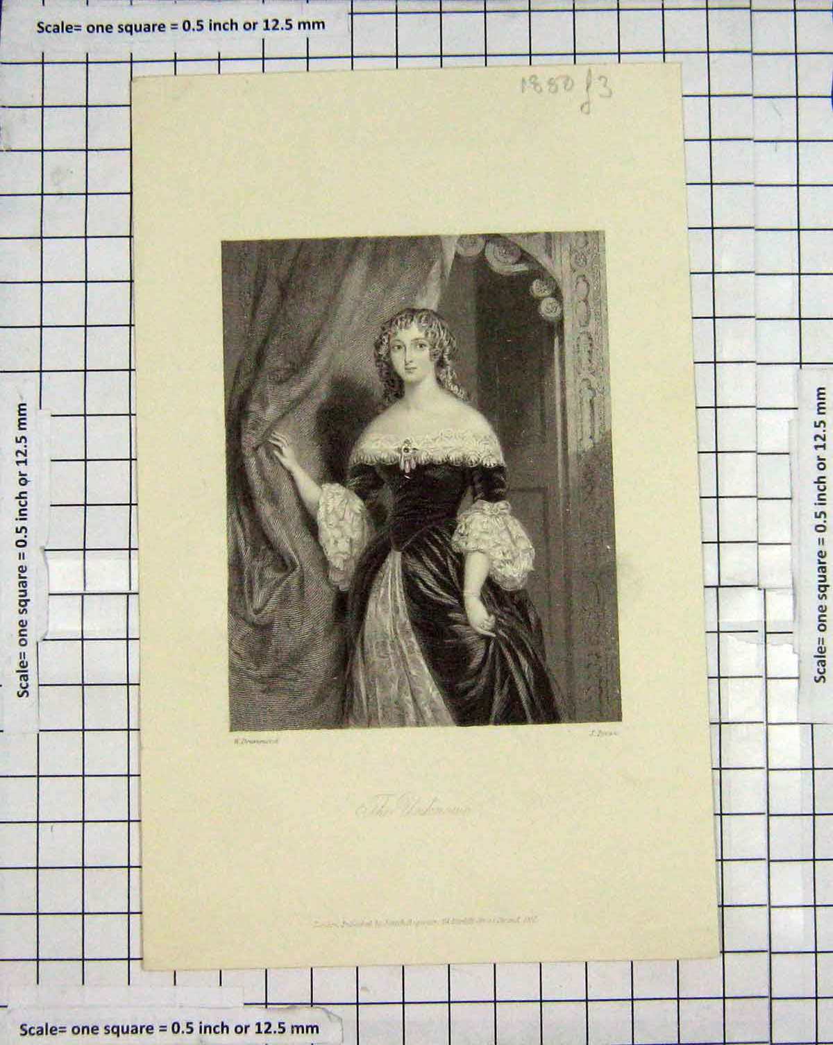 Original Old Antique Print Engraving 1850 Portrait Unknown Lady Brown Victorian