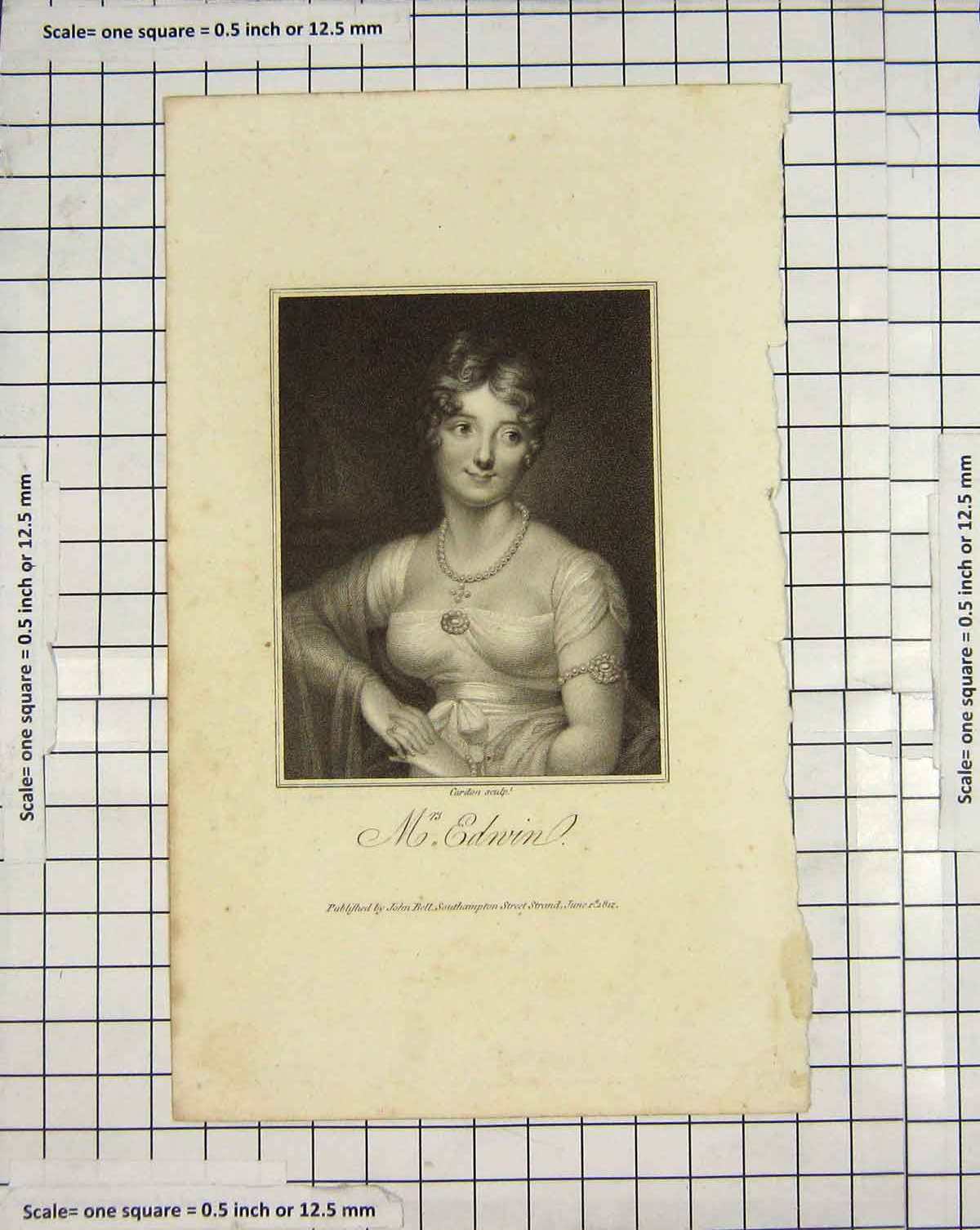 Original Old Antique Print Engraving 1812 Portrait Mrs Edwin Bell 19th Century