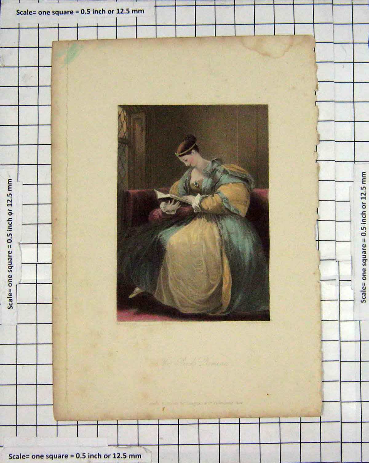 Original Old Antique Print Engraving Portrait Pink Domino Lady Mote Stone