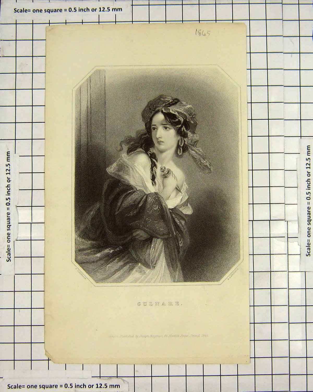 Original Old Antique Print Engraving 1845 Portrait Gulnare Artlett Lady 19th