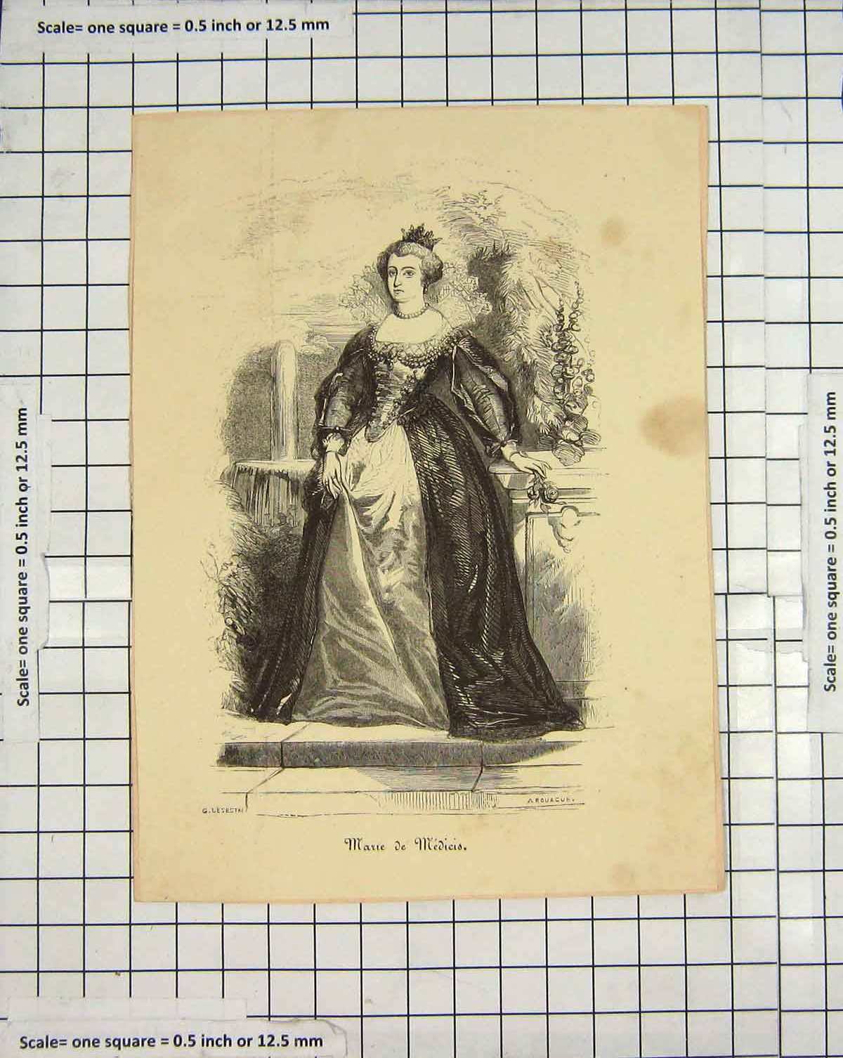 Original Old Antique Print Engraving Portrait Marie Medicis Arouague