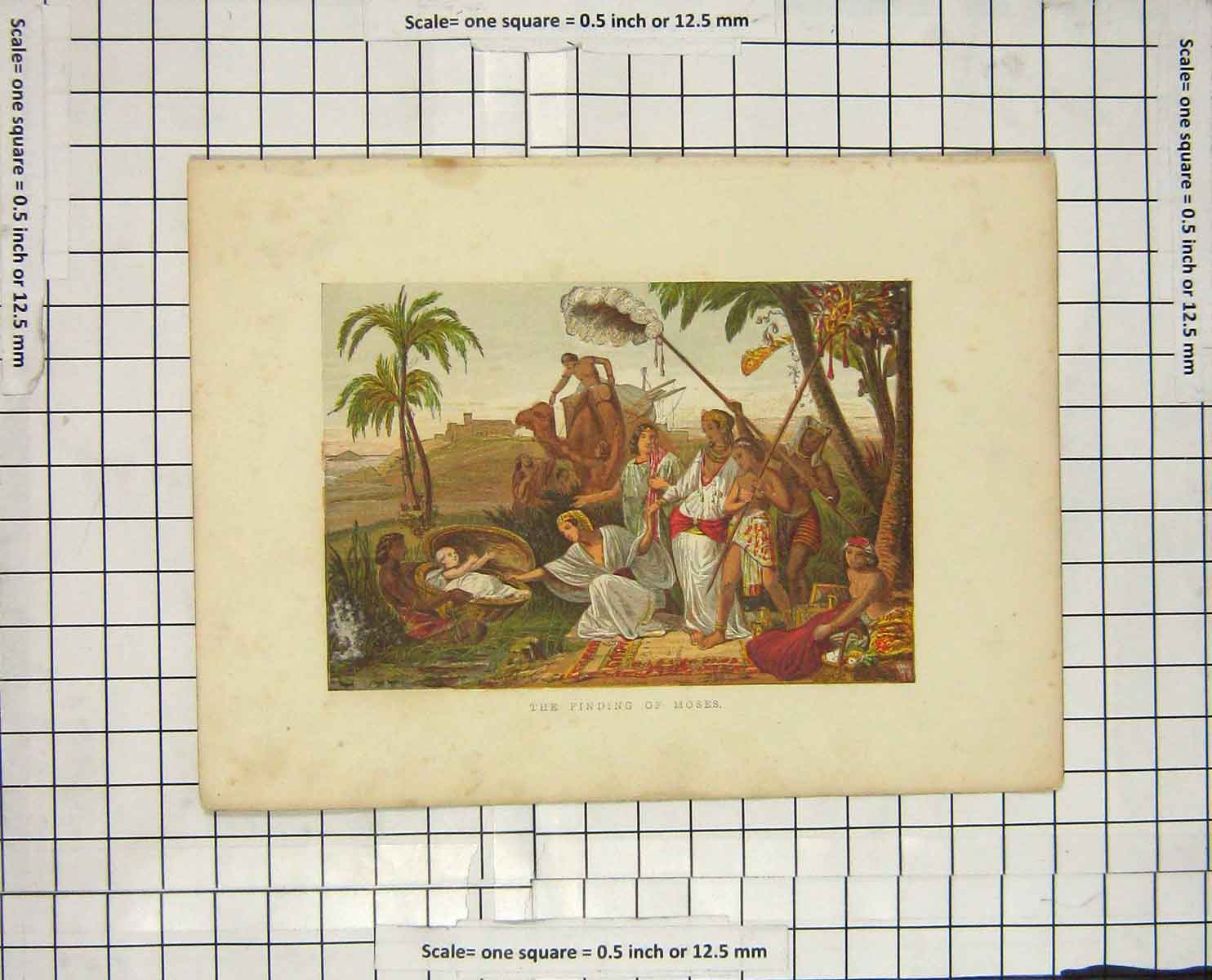Original Old Antique Print Colour Scene Finding Baby Moses Basket