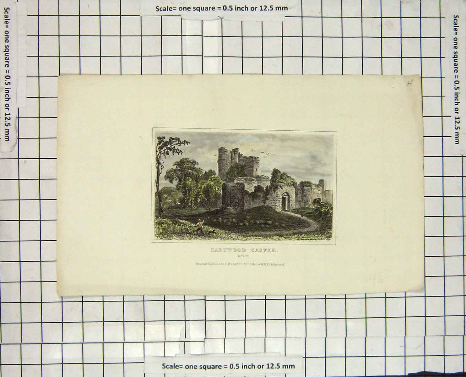 Original Old Antique Print View Saltwood Castle Kent Ruins Dugdales