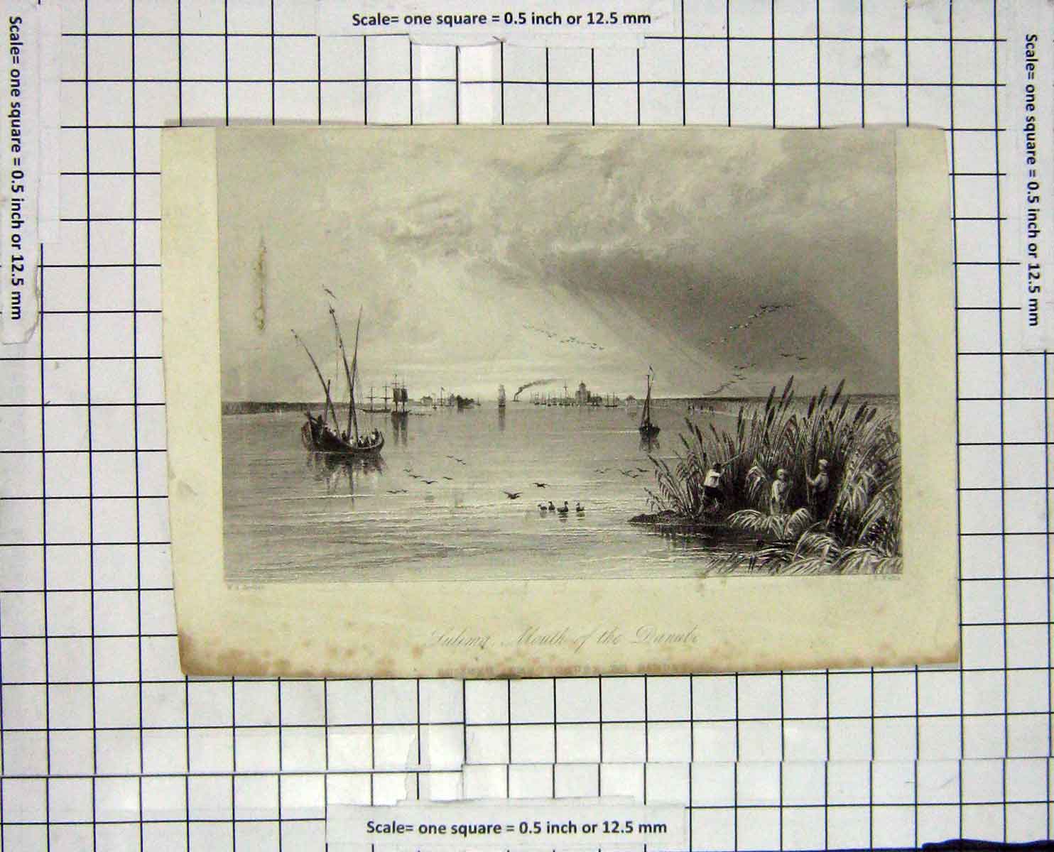 Original Old Antique Print Mouth River Danube Boats Wallis Bartlett