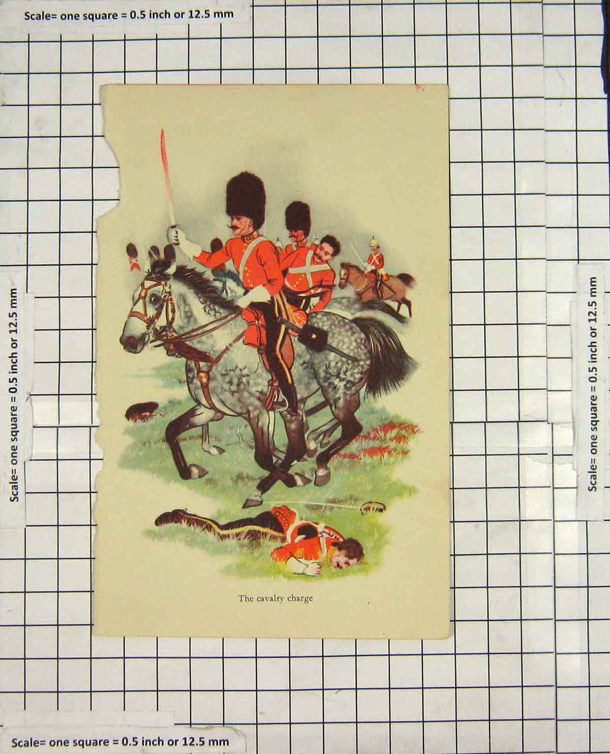 Original Old Antique Print Colour Cavalry Charge Soliders Horses