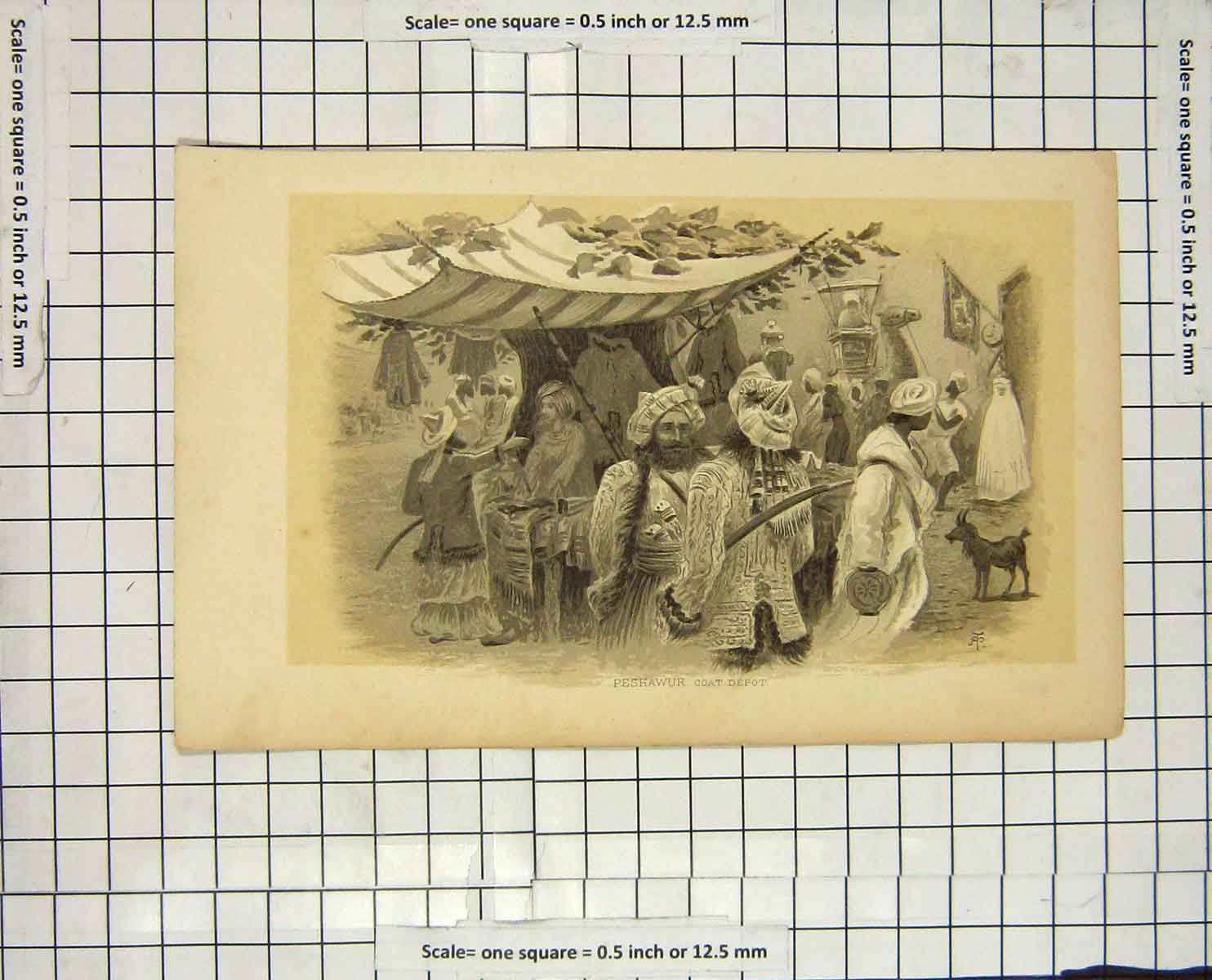 Original Old Antique Print Scene People Peshawur Coat Depot