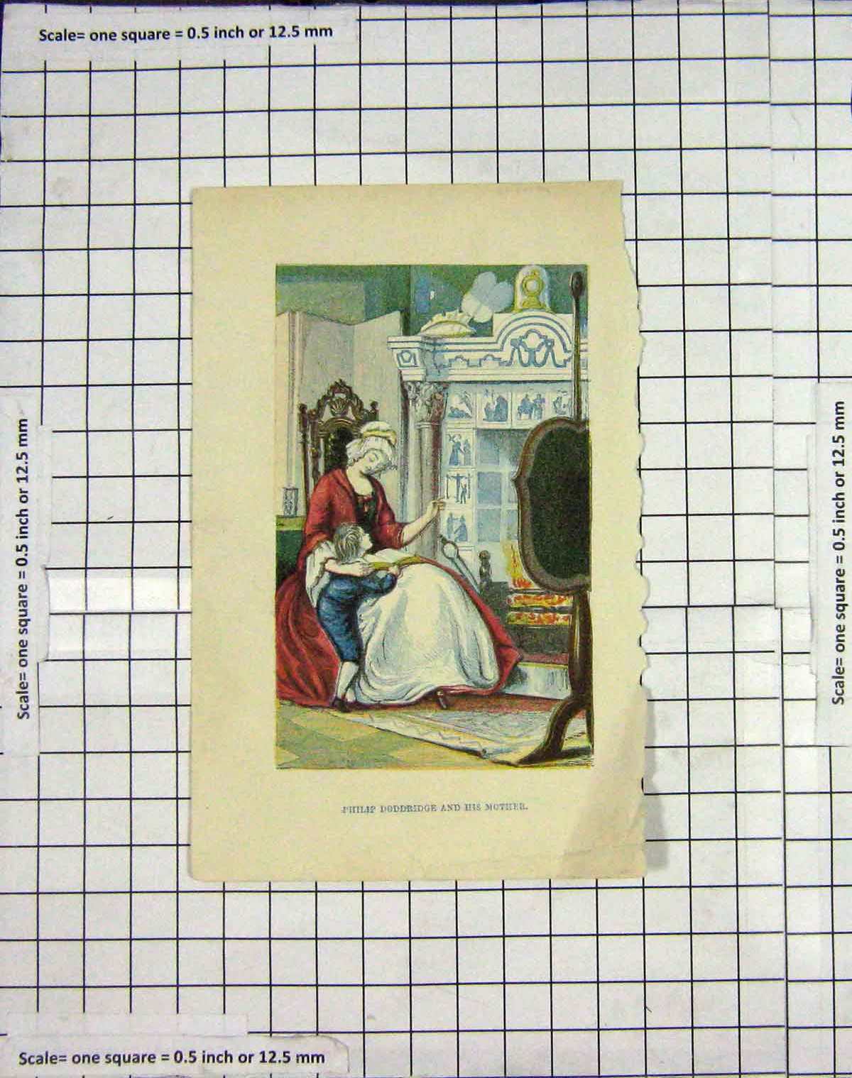 Original Old Antique Print Colour Portrait Philip Doddridge Mother