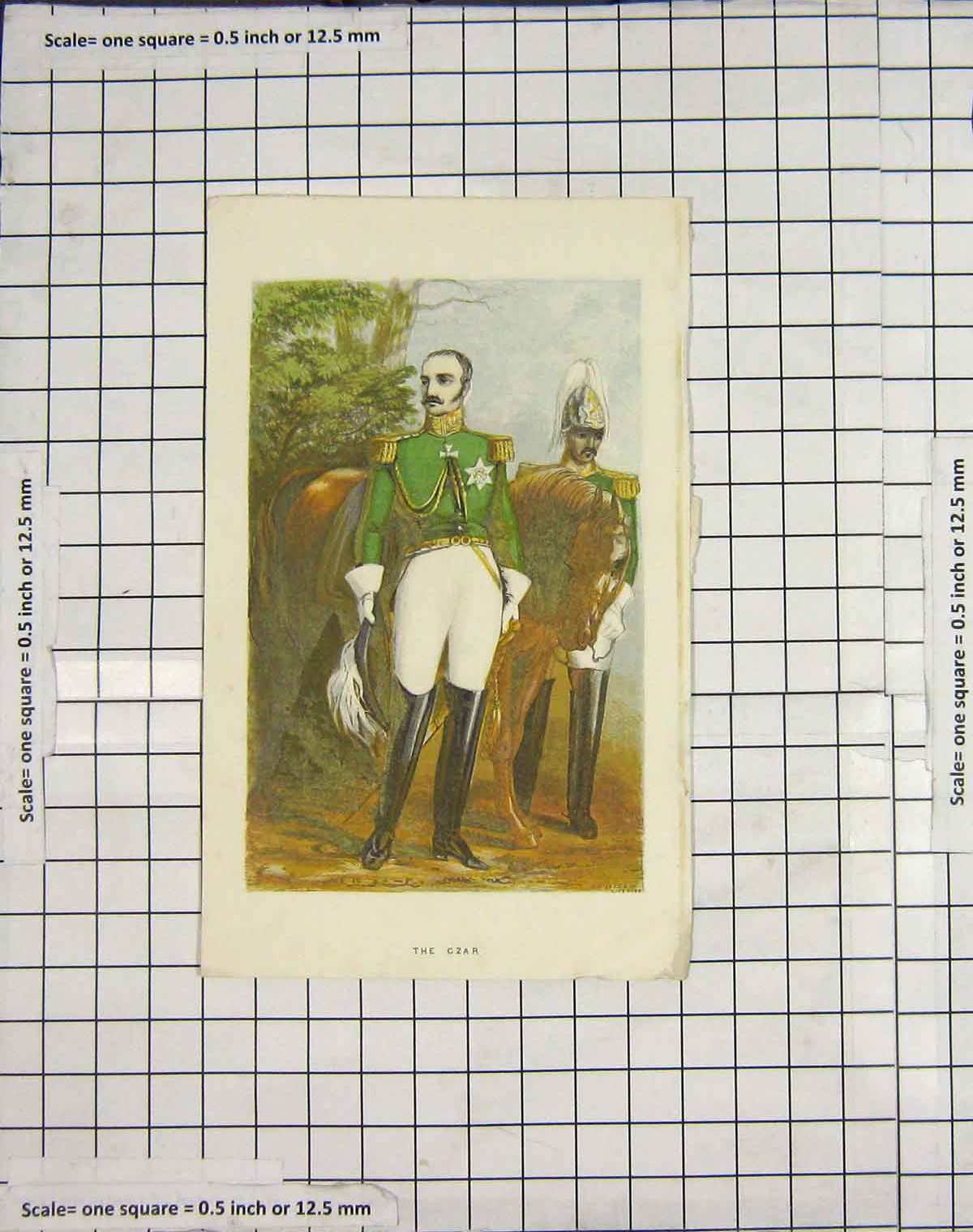 Original Old Antique Print Colour Czar Sier War Uniform Horse