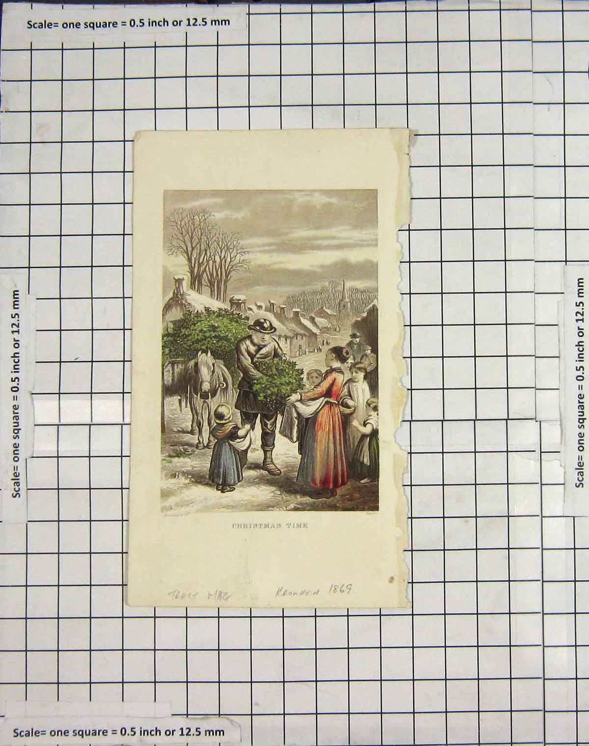 Original Old Antique Print Colour 1869 Christmas Scene Family Holly Victorian