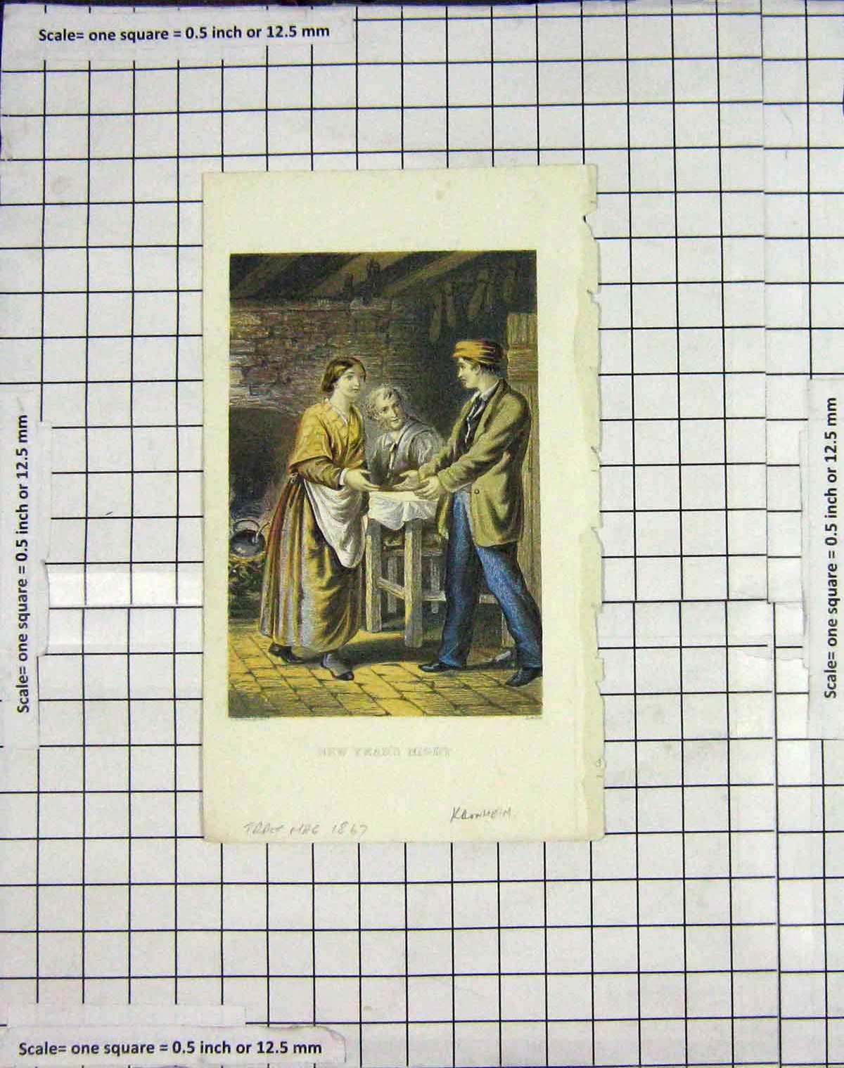 Original Old Antique Print 1867 New Years Night First Footer London Victorian